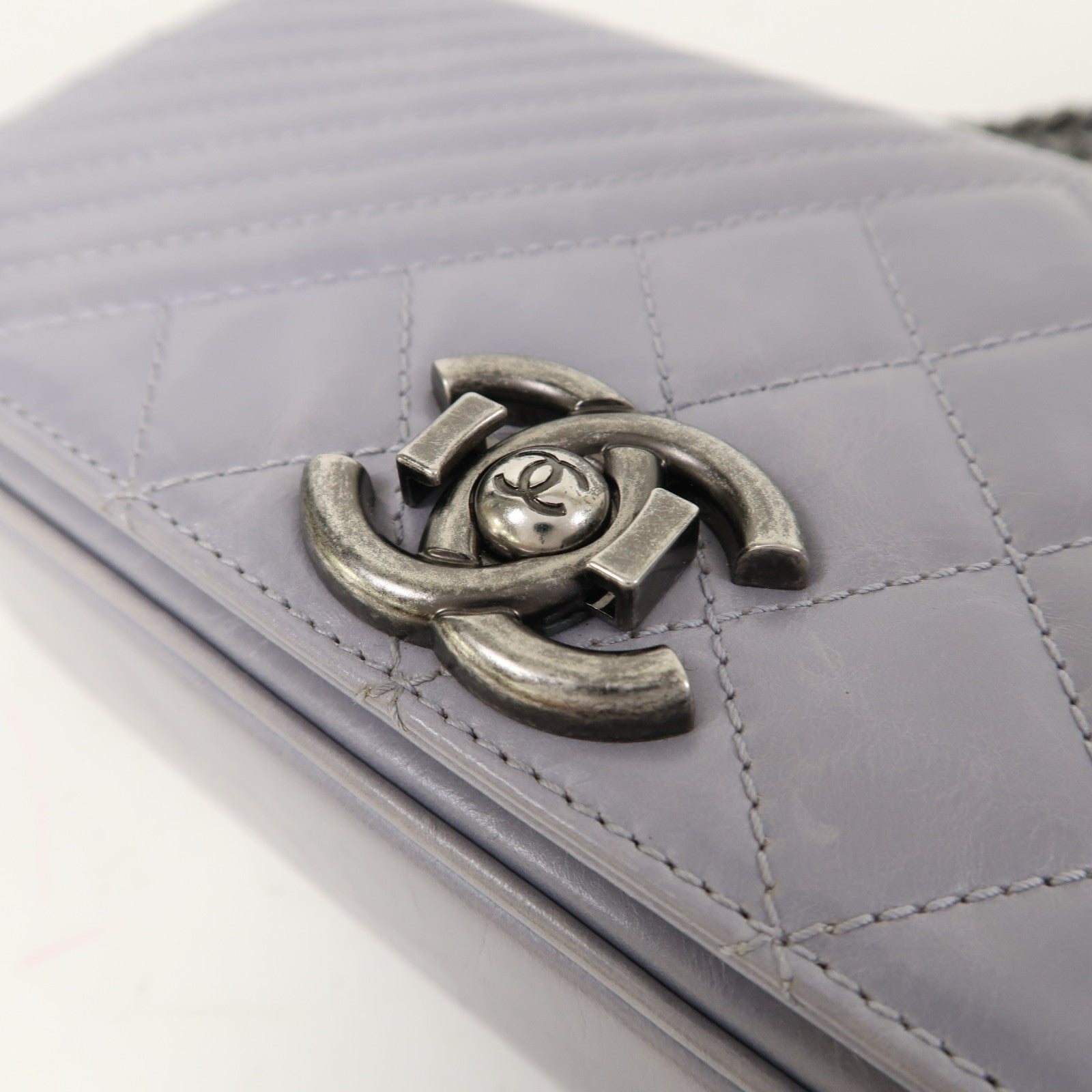 CHANEL 【激減優惠】牛皮皮革Chain Shoulder銀扣鏈帶肩背袋灰色