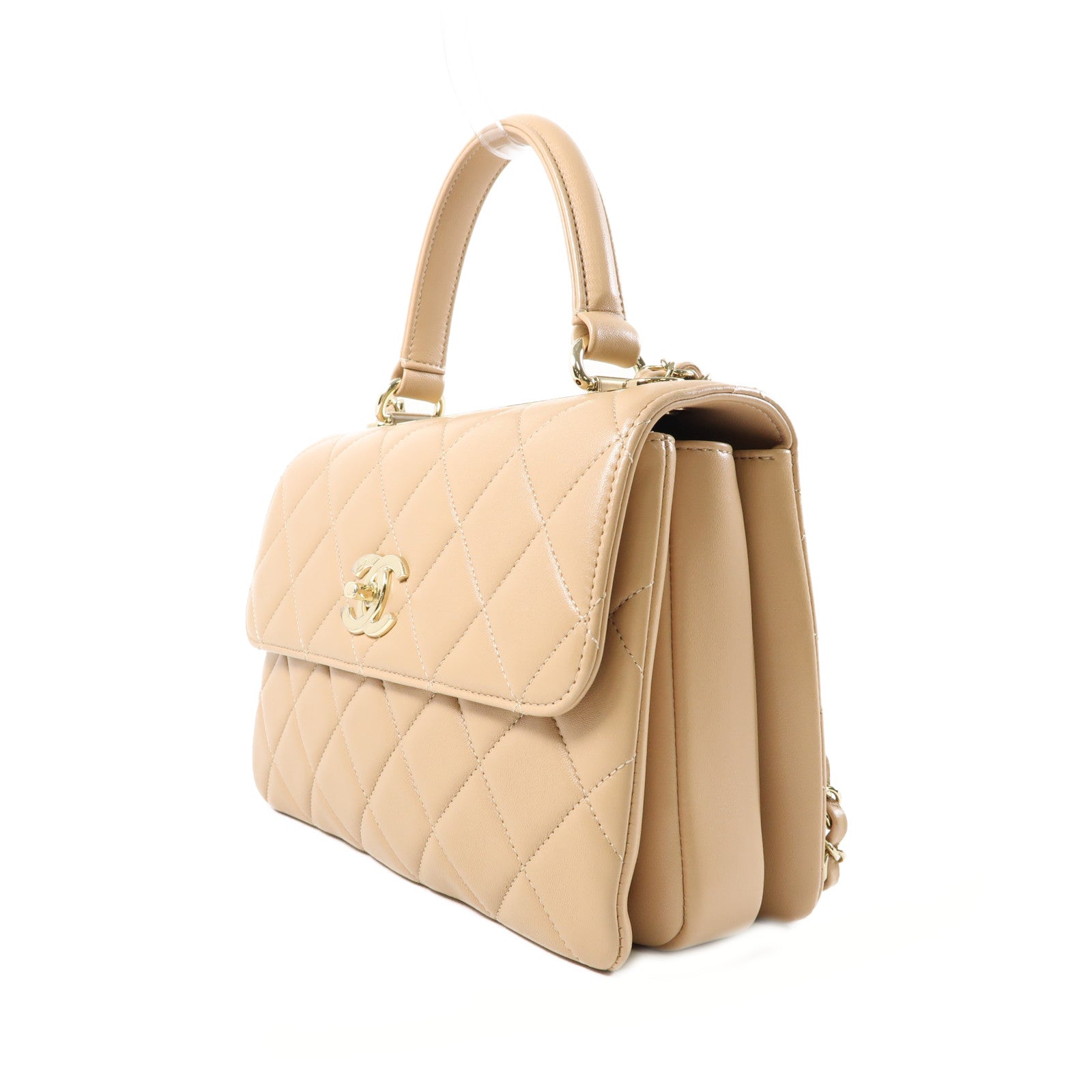 CHANEL 牛皮皮革Chain Shoulder金扣手挽肩背兩用袋米色