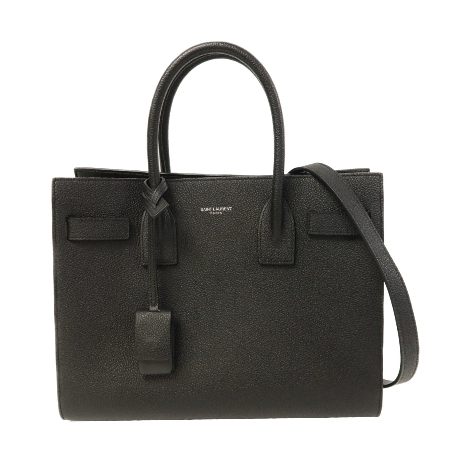YVES SAINT LAURENT 牛皮皮革Sac De Jour銀扣手挽肩背兩用袋黑色