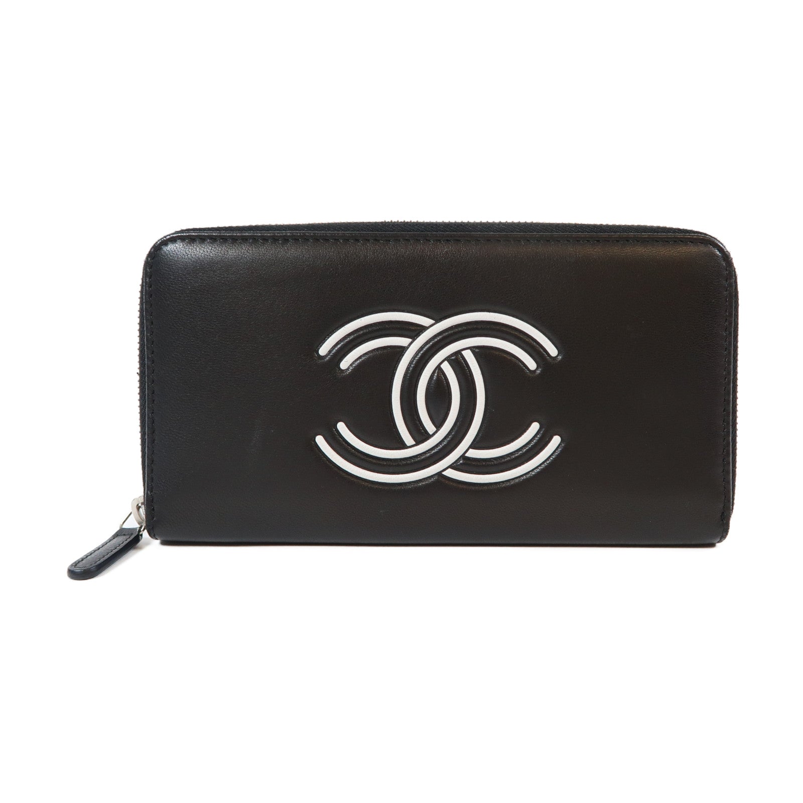 CHANEL 羊皮皮革Zipper Long Wallet銀扣長錢包黑色/白色