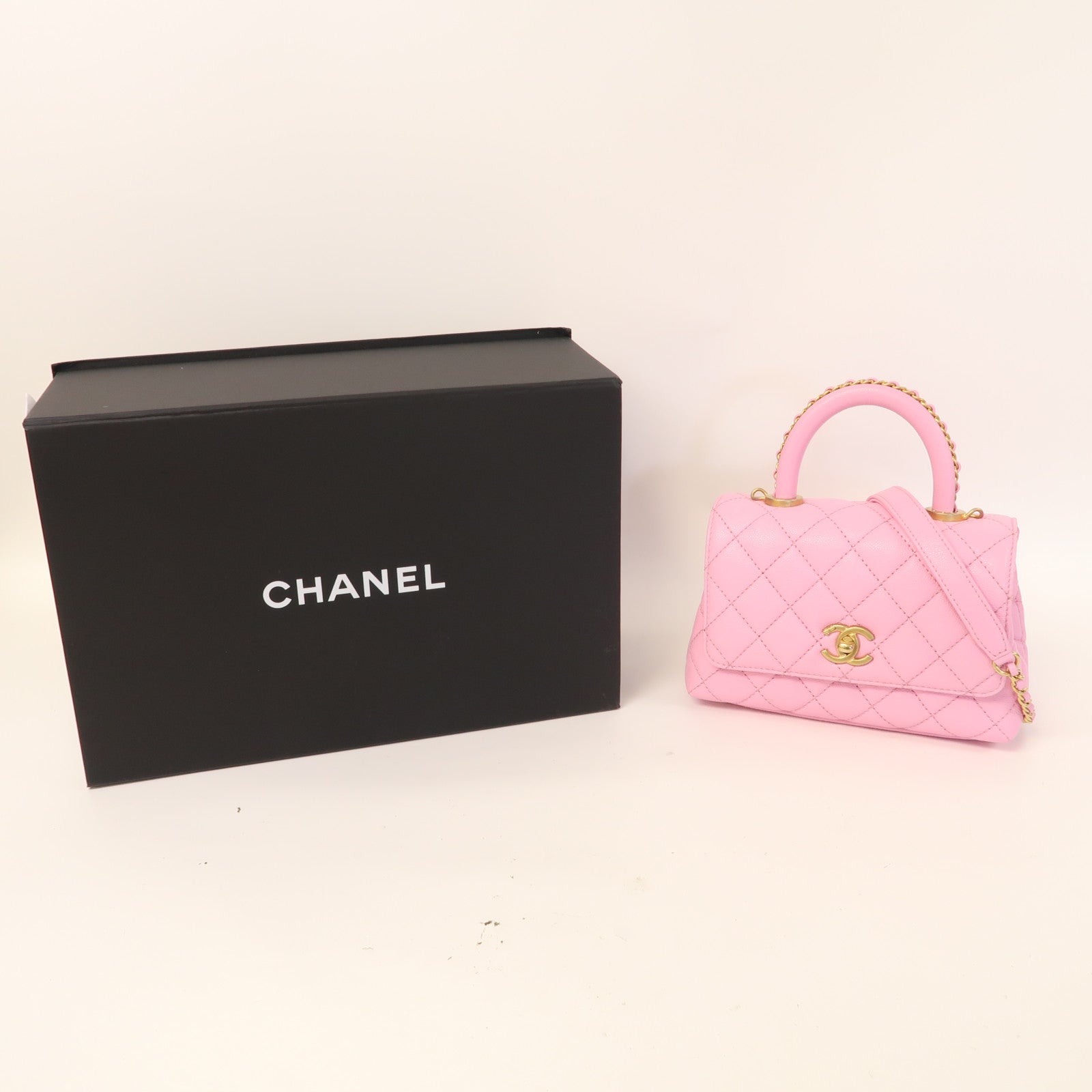 CHANEL 菱格Caviar皮革Mini Coco Handle金扣手挽肩背兩用袋粉紅色