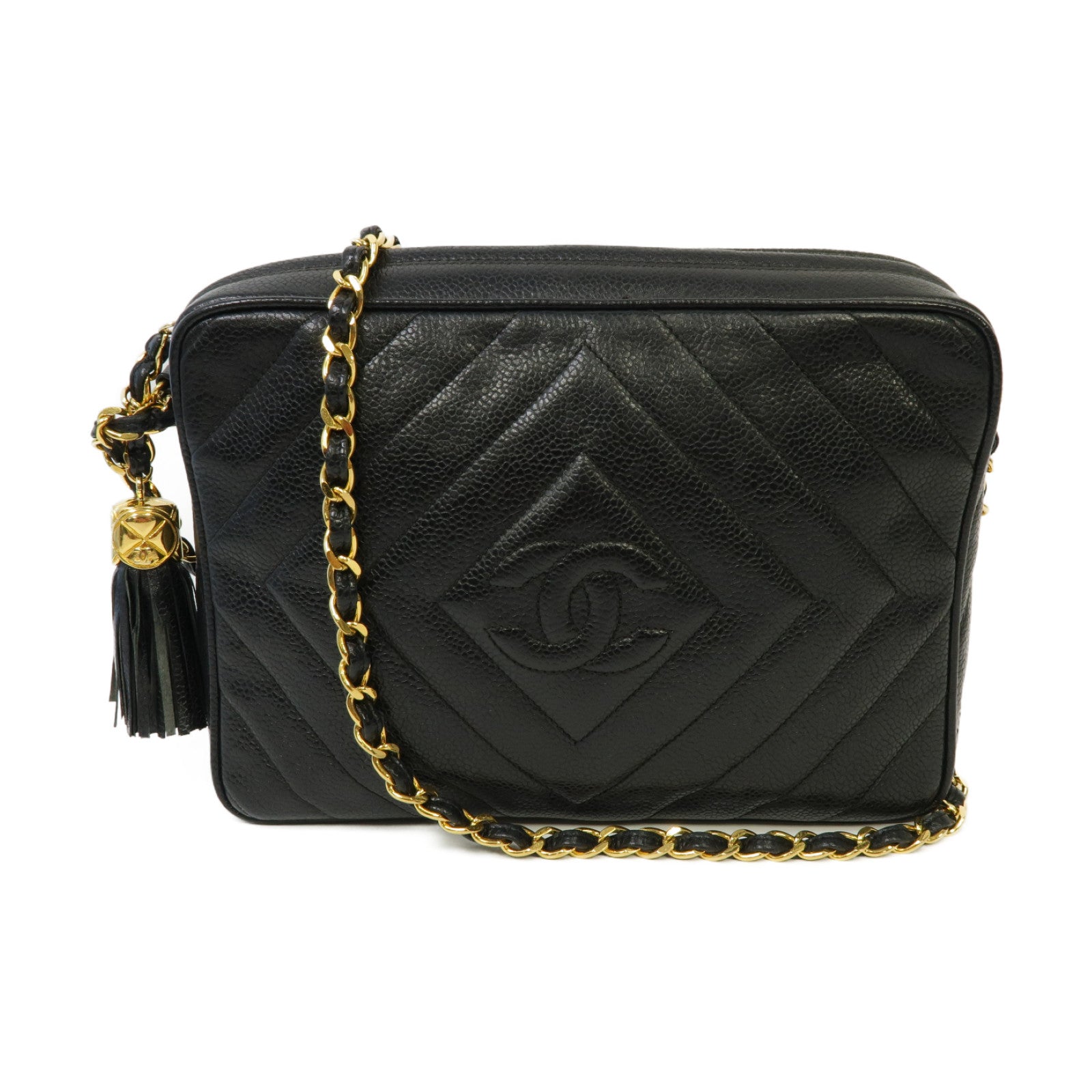 CHANEL 【激減優惠】Caviar皮革Vintage Tassel Camera Bag金扣鏈帶肩背袋黑色