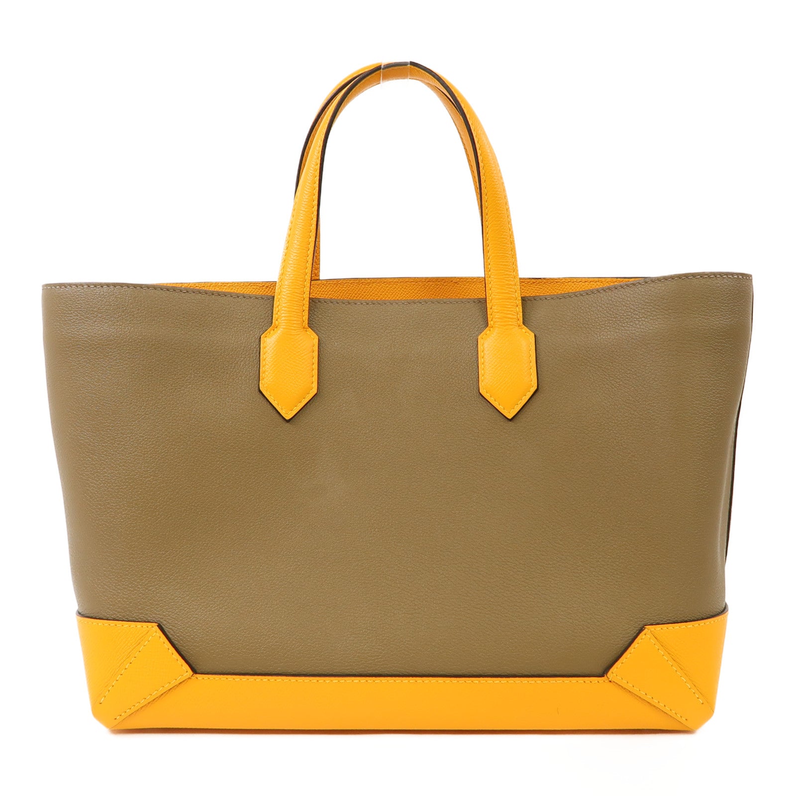 HERMES Evercolor皮革Maxibox Cabas銀扣手挽袋黃色/綠色