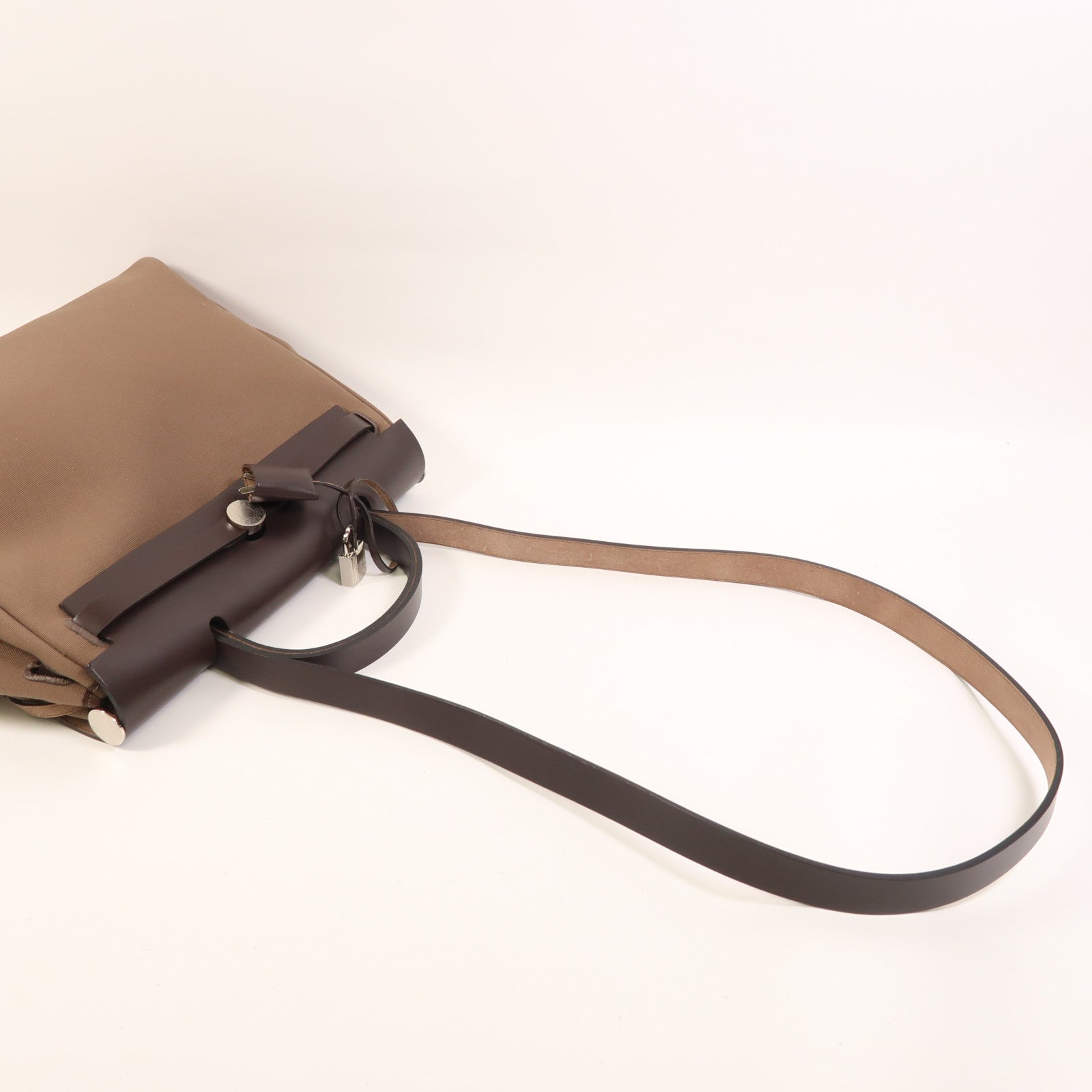 HERMES 帆布Herbag PM銀扣手挽肩背兩用袋Etoupe/Ebene