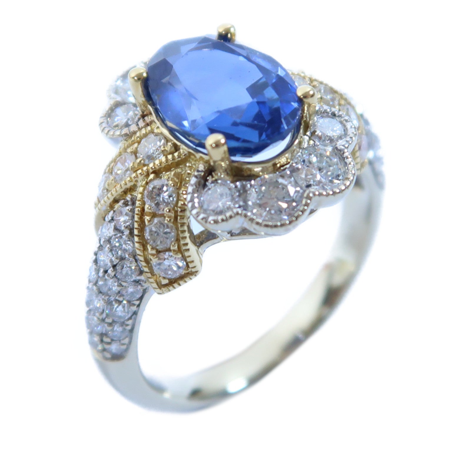 JEWELRY 【激減優惠】18K黃金/白金Sapphire Ring 1.13ct藍寶石/2.92ct鑽石戒指US#6