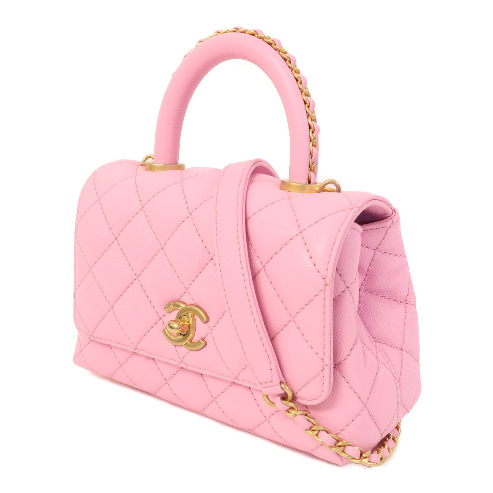 CHANEL 菱格Caviar皮革Mini Coco Handle金扣手挽肩背兩用袋粉紅色