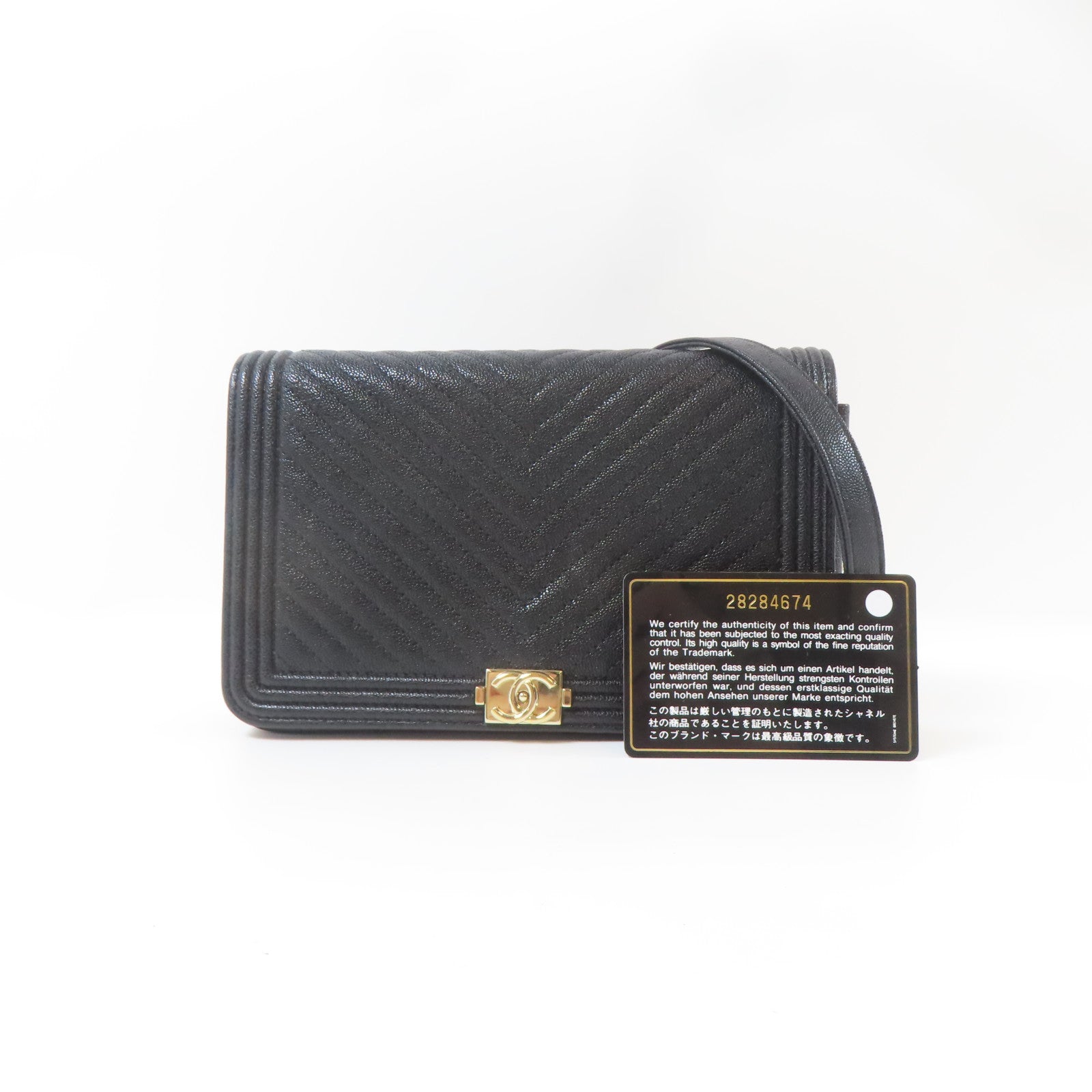 CHANEL 斜紋Caviar皮革Boy WOC金扣鏈帶肩背袋黑色