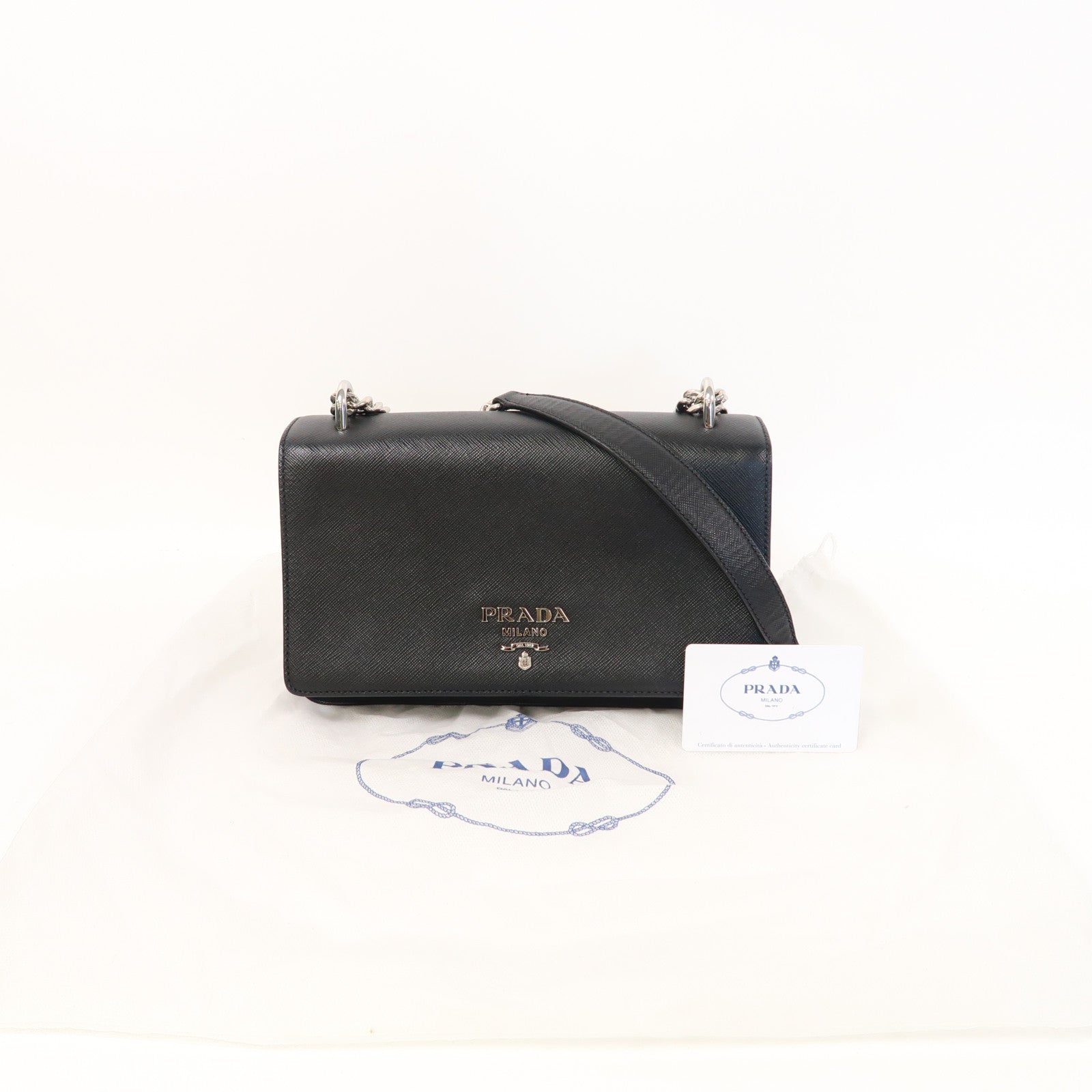 PRADA Saffiano皮革/尼龍Chain Shoulder銀扣鏈帶肩背袋黑色