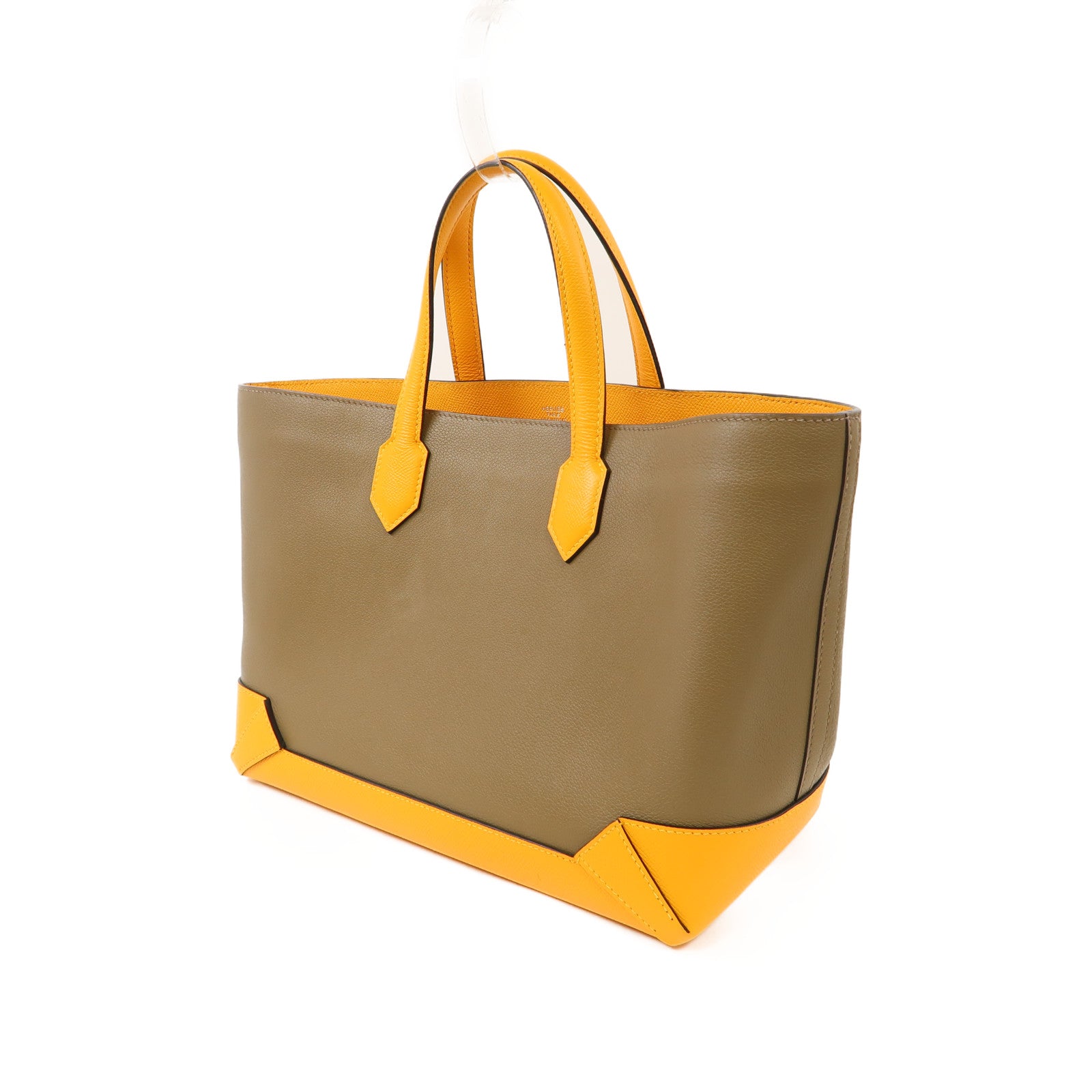 HERMES Evercolor皮革Maxibox Cabas銀扣手挽袋黃色/綠色