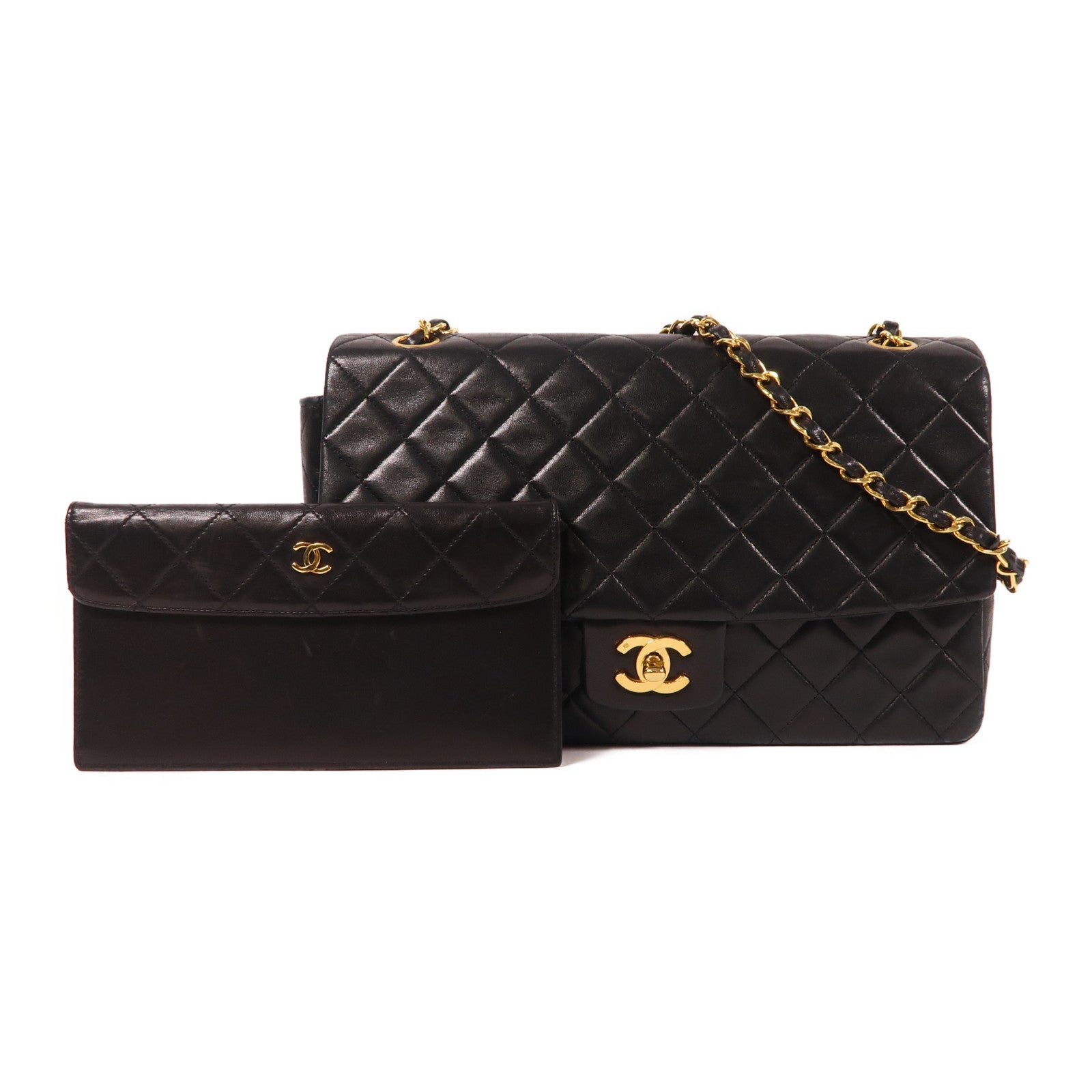 CHANEL 羊皮皮革Chain Shoulder金扣鏈帶肩背袋黑色