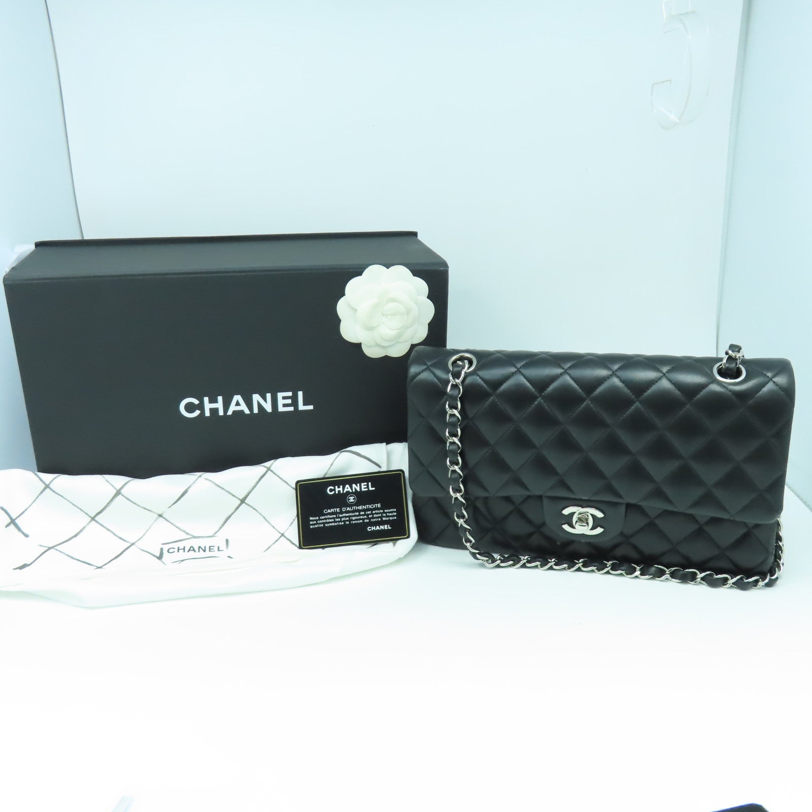 CHANEL 【清倉大減價】菱格羊皮皮革Classic 25銀扣鏈帶肩背袋黑色