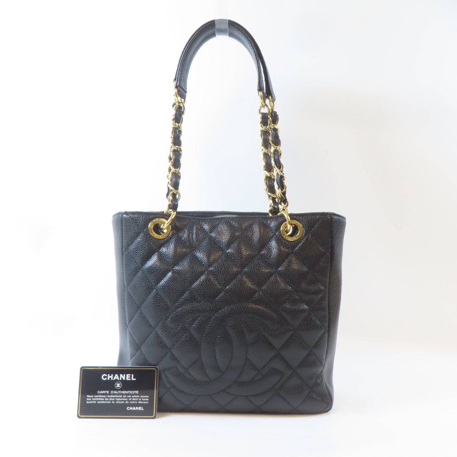 CHANEL 菱格Caviar皮革PST Petite Shopping Tote Bag金扣鏈帶肩背袋黑色