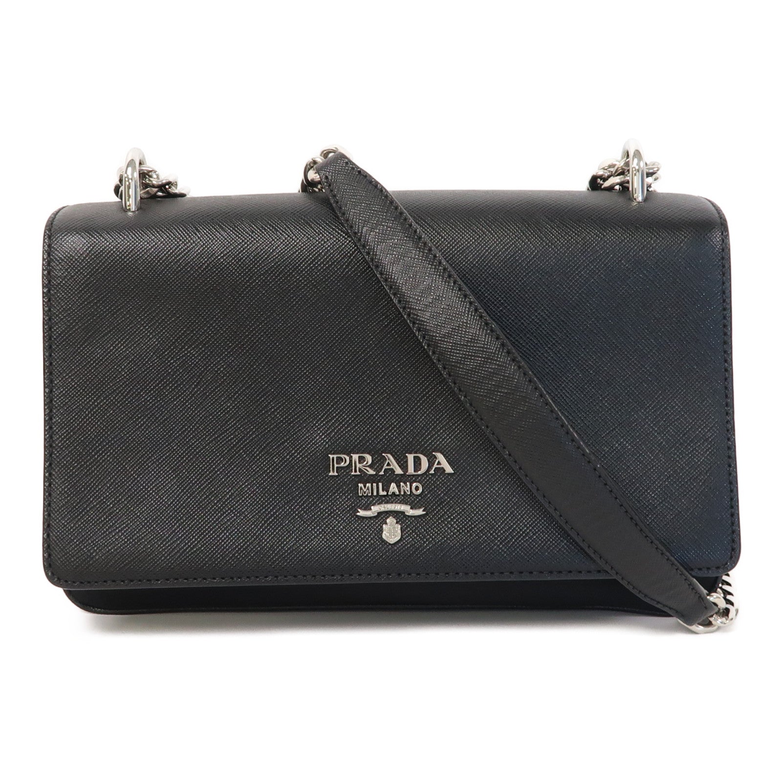 PRADA Saffiano皮革/尼龍Chain Shoulder銀扣鏈帶肩背袋黑色