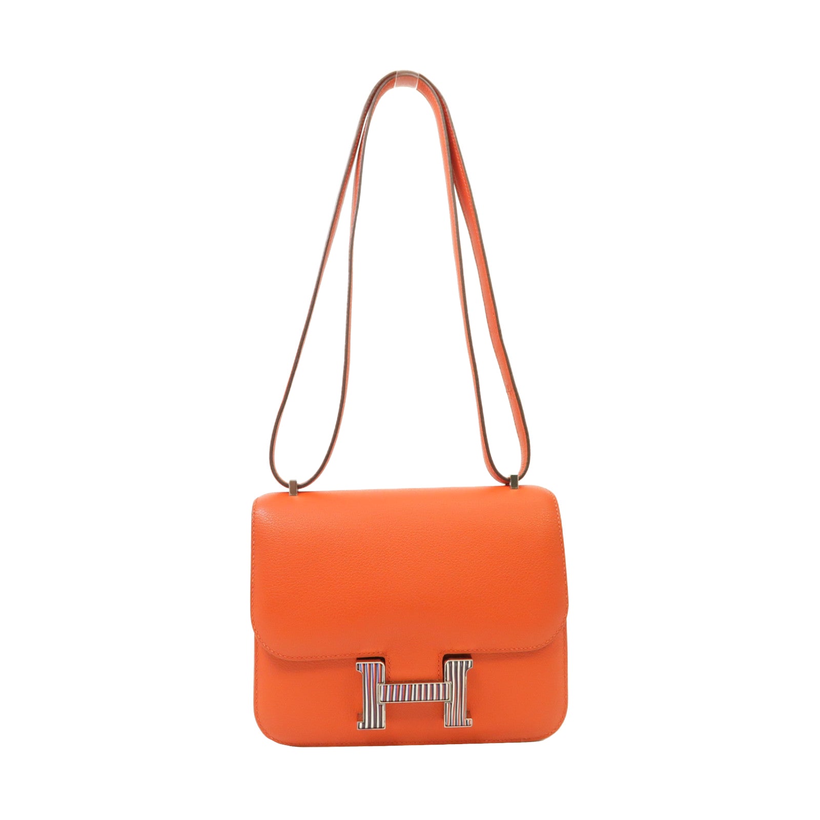 HERMES Evercolor皮革Constance Mini銀扣肩背袋Capucine橙色