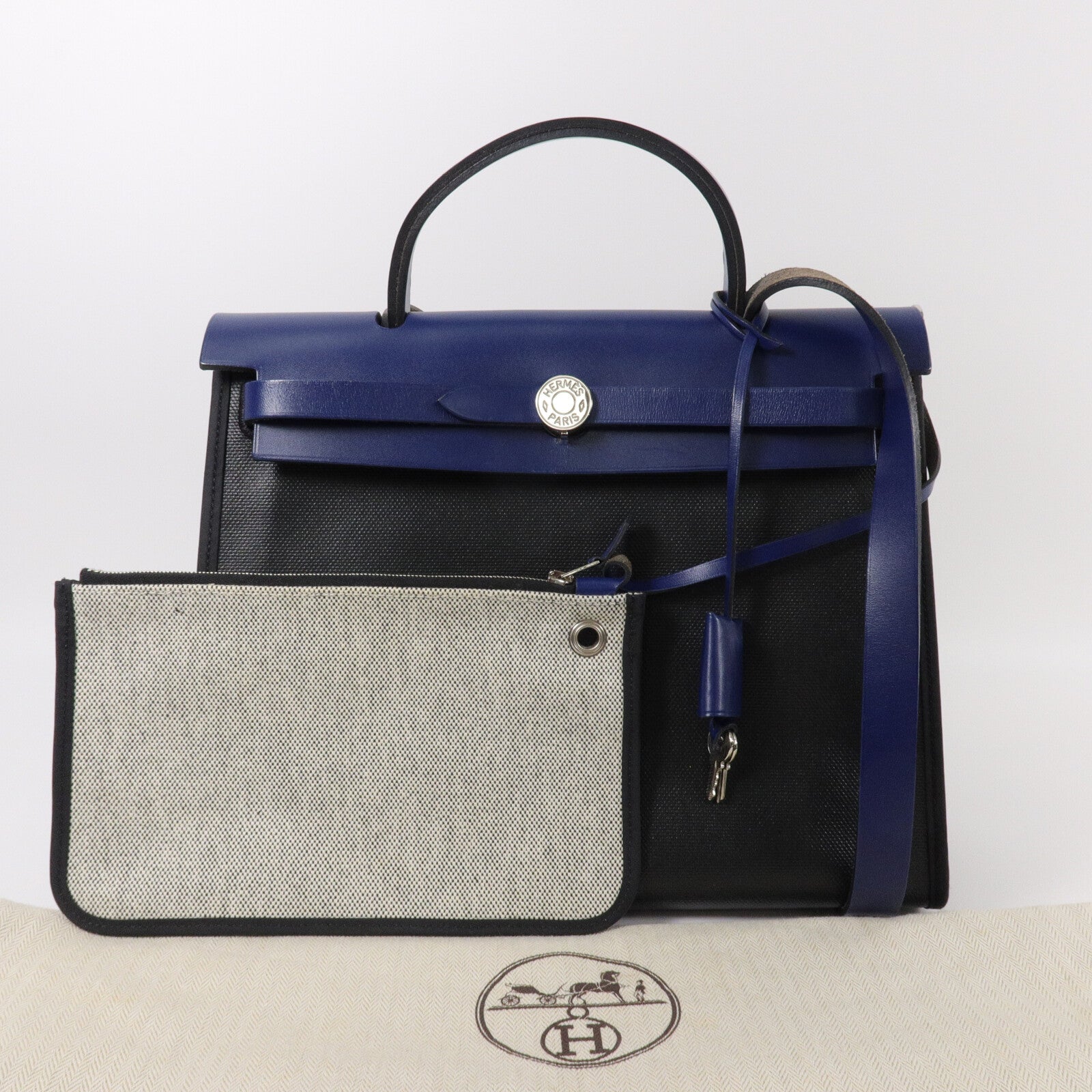 HERMES 帆布Herbag PM手挽肩背兩用袋Noir/Bleu Saphrie