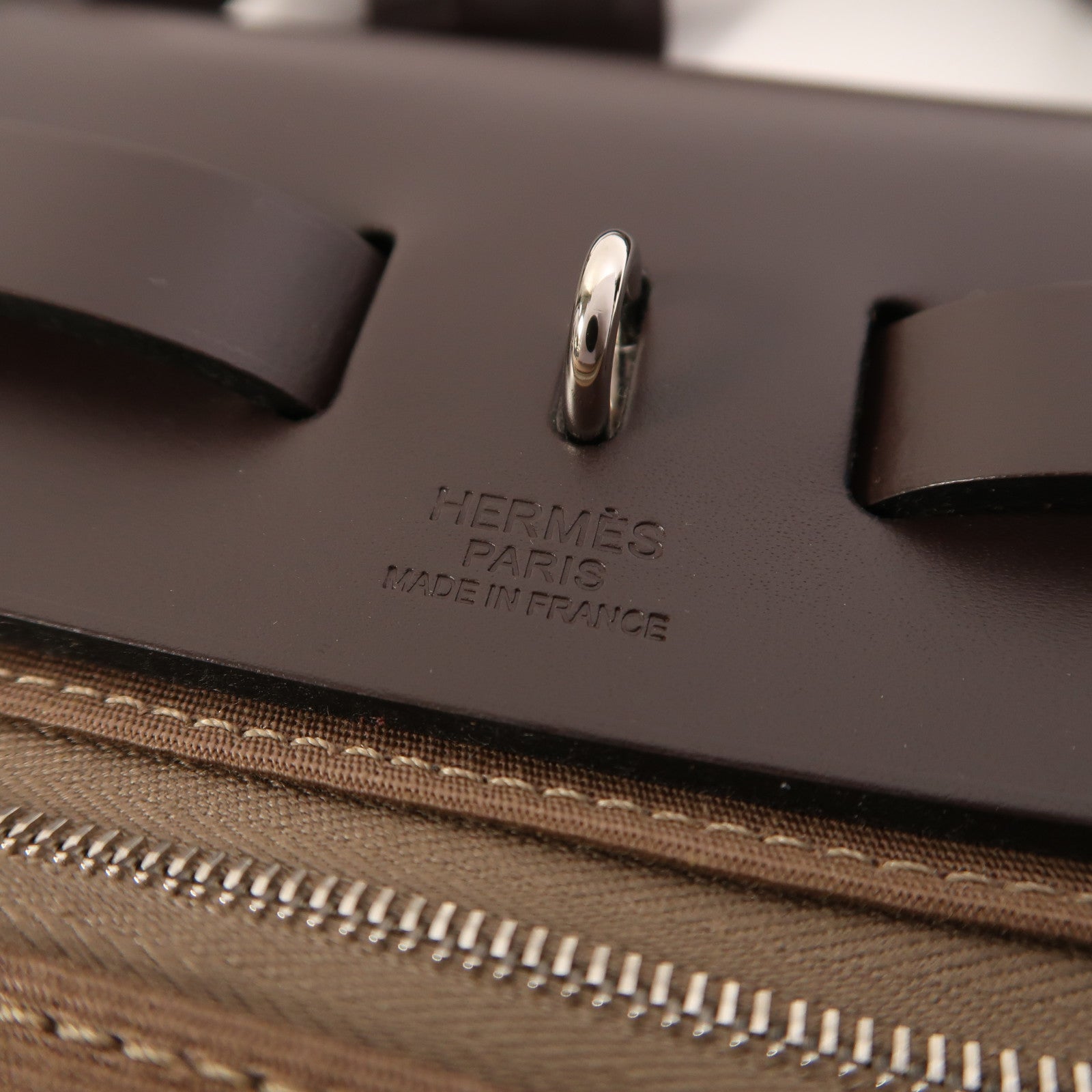 HERMES 帆布Herbag PM銀扣手挽肩背兩用袋Etoupe/Ebene
