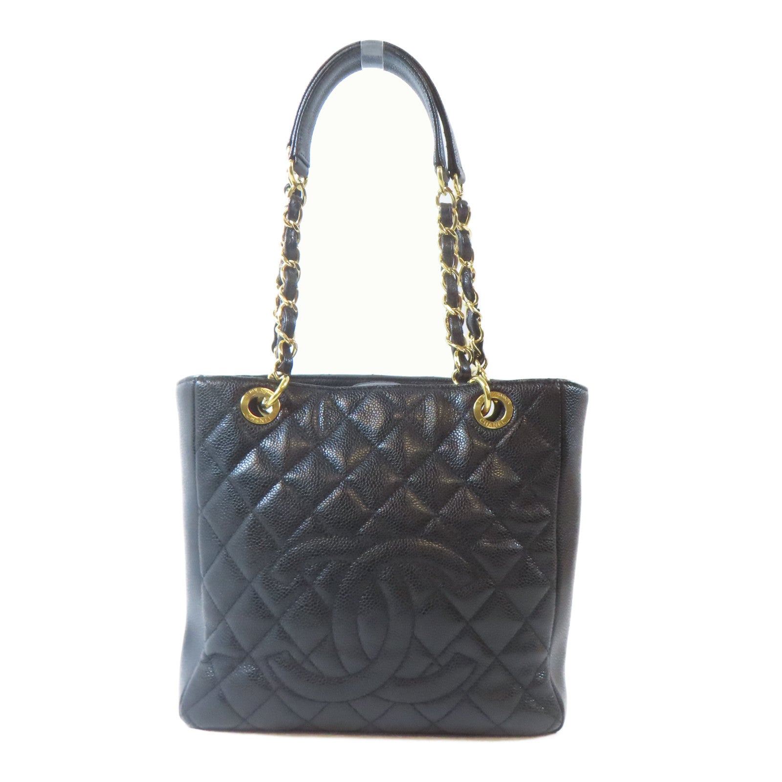 CHANEL 菱格Caviar皮革PST Petite Shopping Tote Bag金扣鏈帶肩背袋黑色