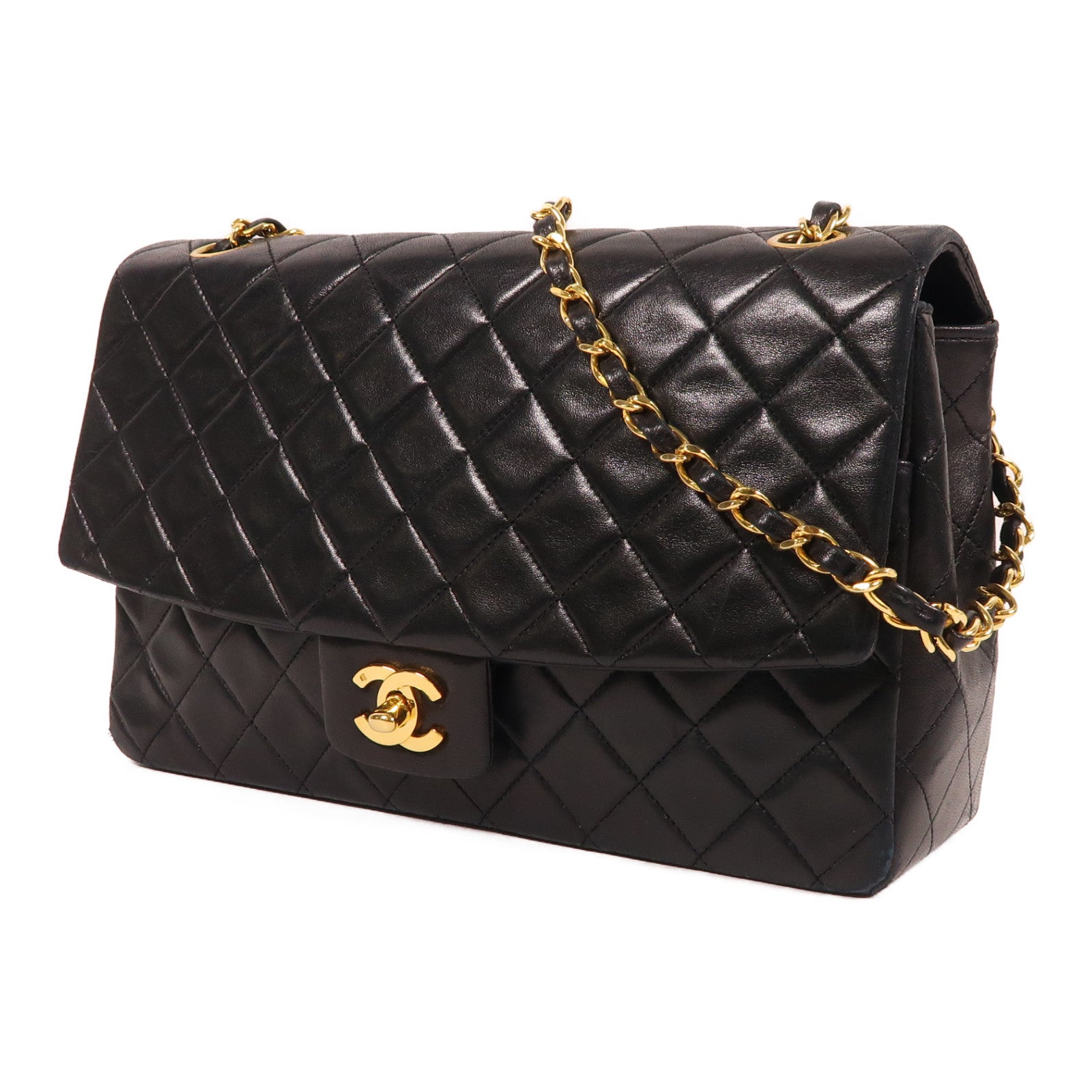 CHANEL 羊皮皮革Chain Shoulder金扣鏈帶肩背袋黑色