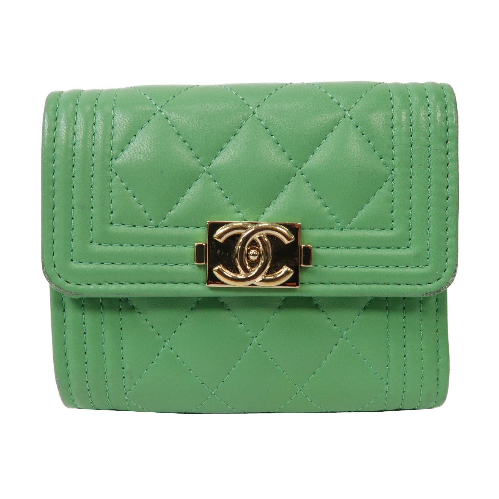 CHANEL 菱格羊皮皮革Boy Chanel Tri-Fold Wallet金扣折疊錢包綠色