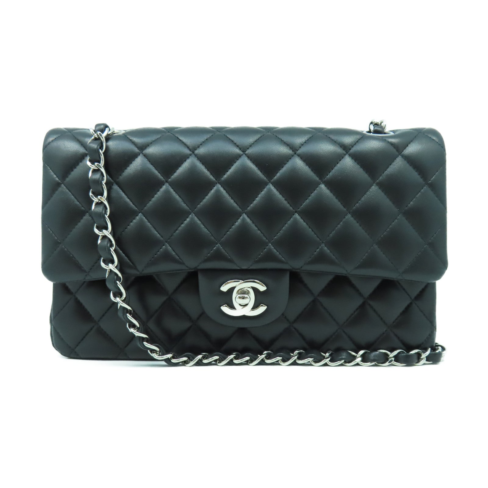 CHANEL 【清倉大減價】菱格羊皮皮革Classic 25銀扣鏈帶肩背袋黑色
