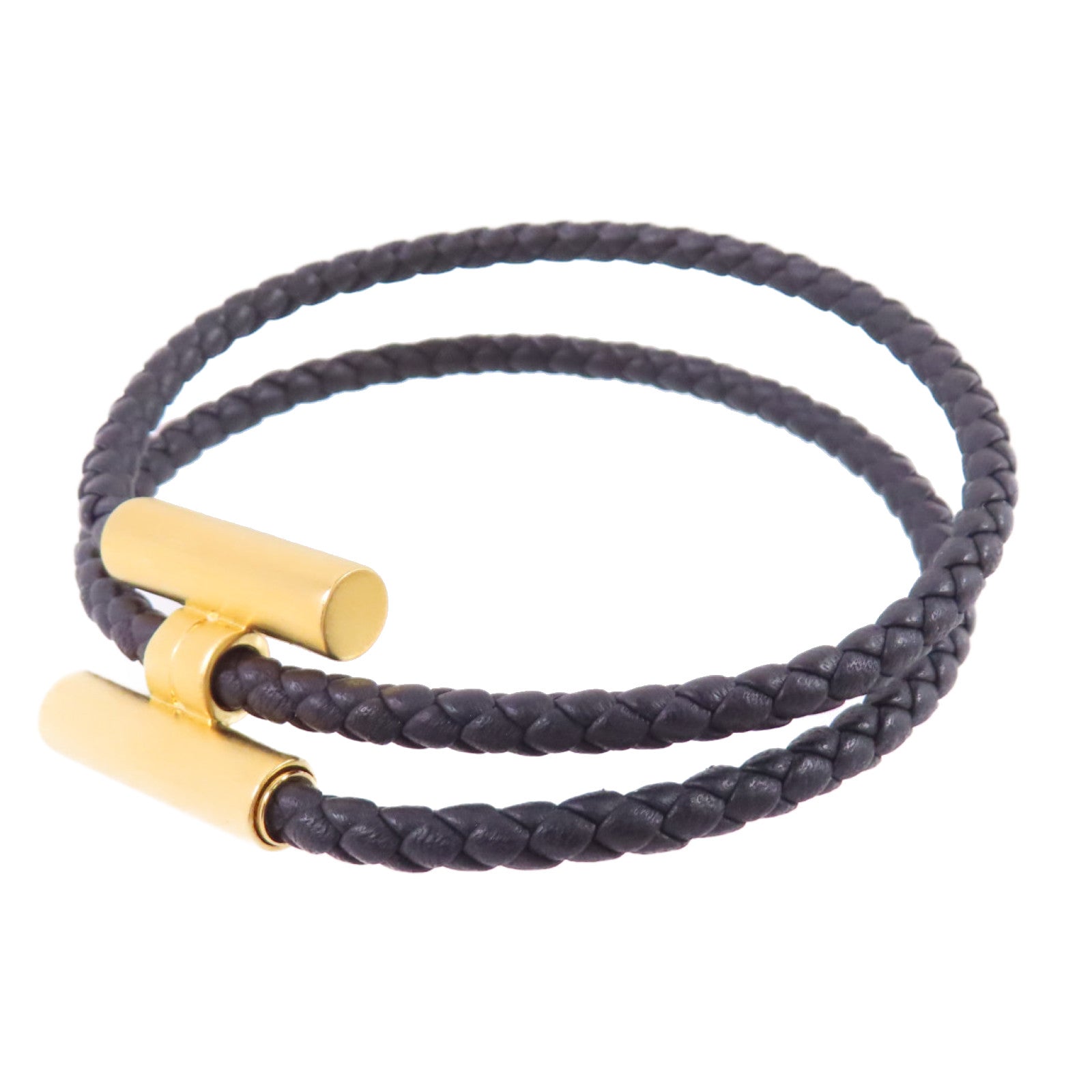 HERMES Swift皮革Tournis Tresse Bracelet金扣手鏈Noir黑色/金色