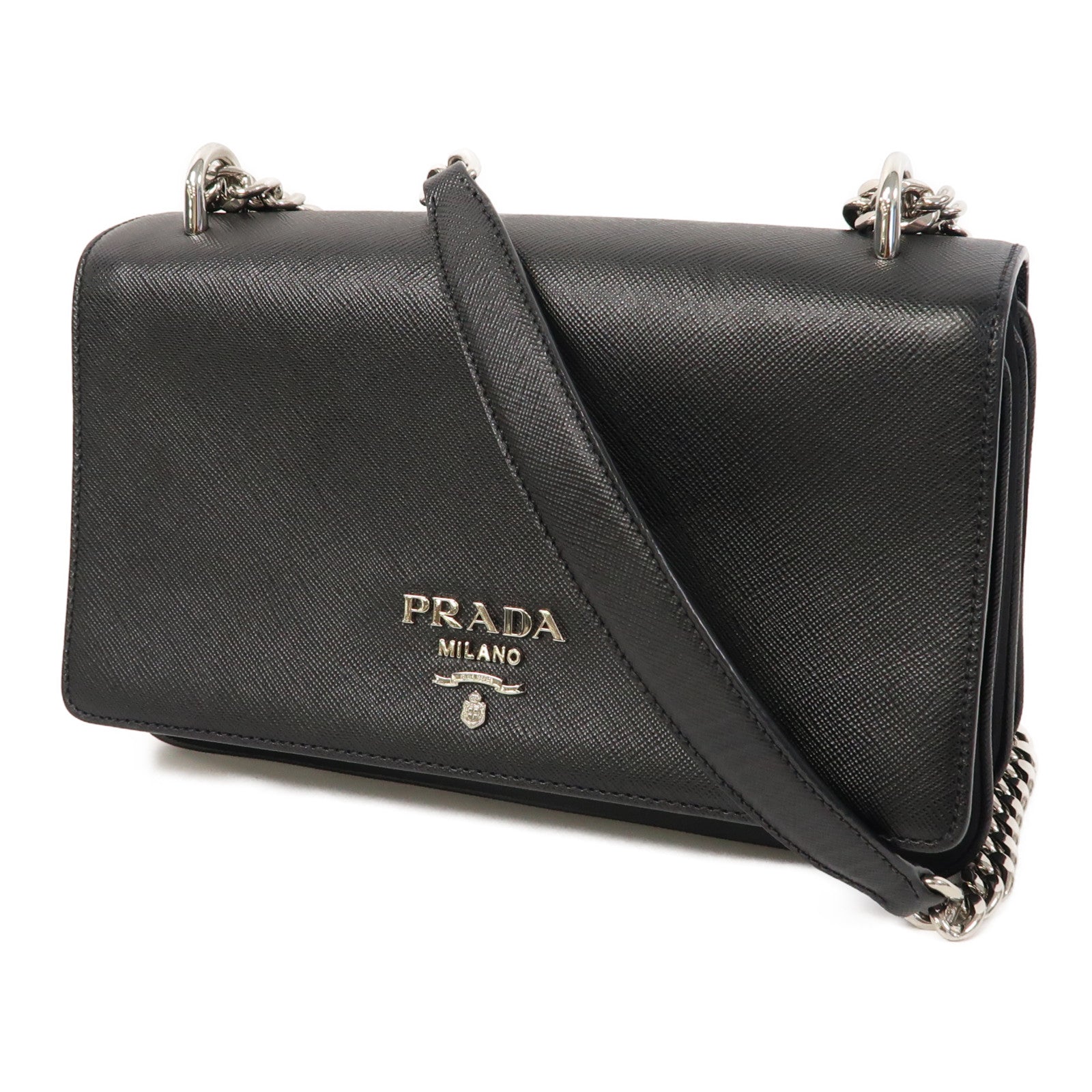 PRADA Saffiano皮革/尼龍Chain Shoulder銀扣鏈帶肩背袋黑色