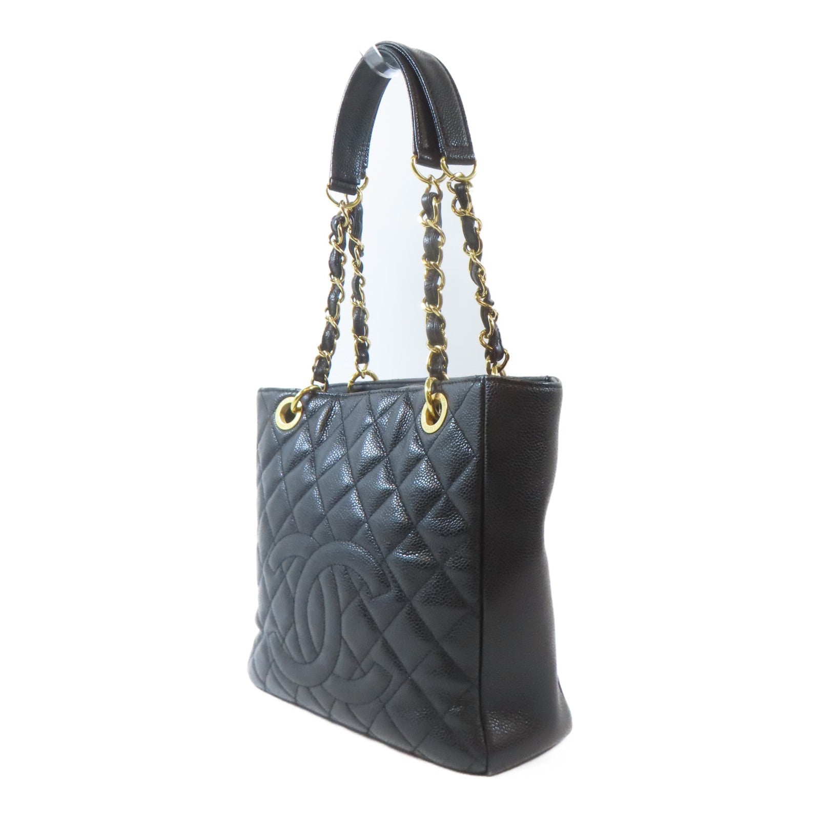 CHANEL 菱格Caviar皮革PST Petite Shopping Tote Bag金扣鏈帶肩背袋黑色
