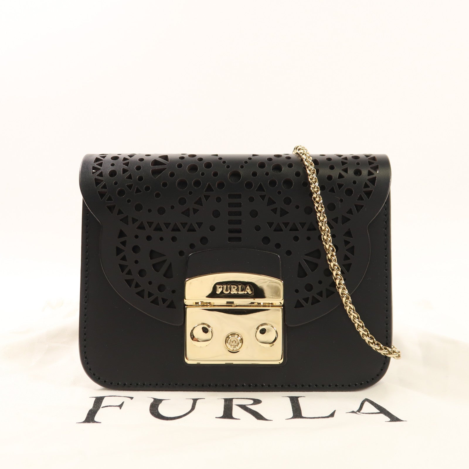 Furla 牛皮皮革Chain Shoulder金扣鏈帶肩背袋