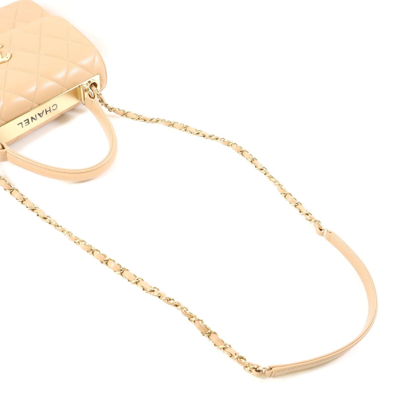 CHANEL 牛皮皮革Chain Shoulder金扣手挽肩背兩用袋米色