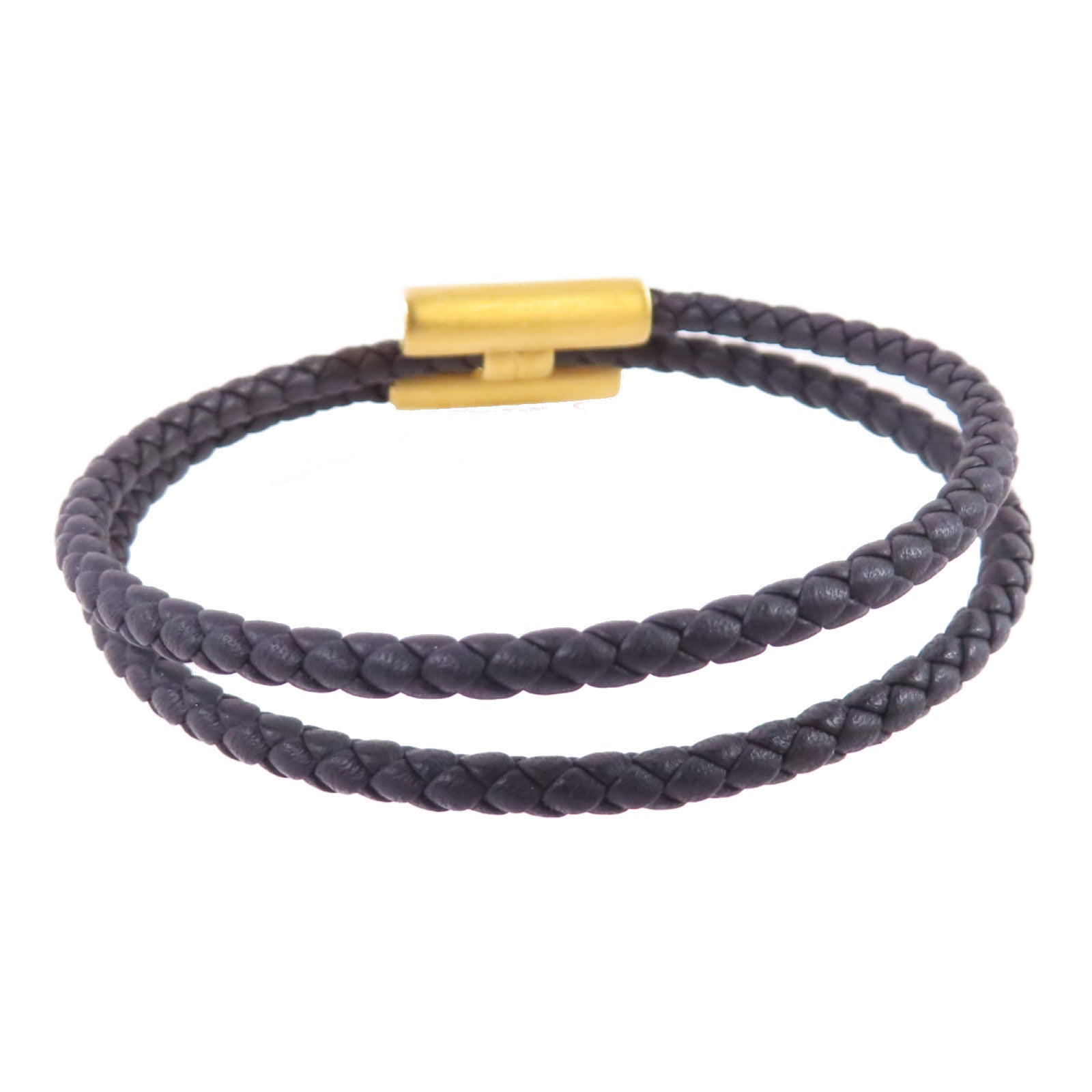 HERMES Swift皮革Tournis Tresse Bracelet金扣手鏈Noir黑色/金色