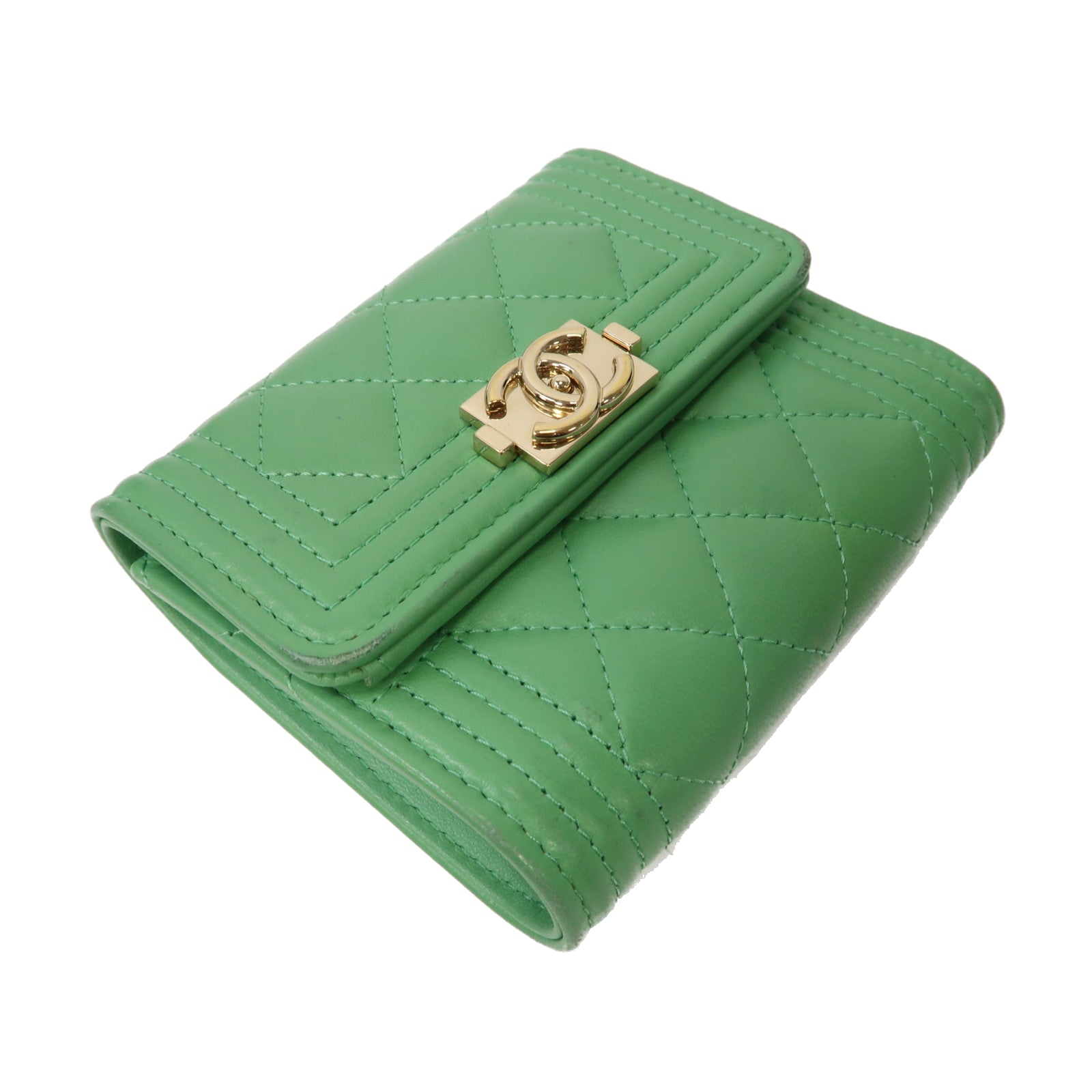 CHANEL 菱格羊皮皮革Boy Chanel Tri-Fold Wallet金扣折疊錢包綠色
