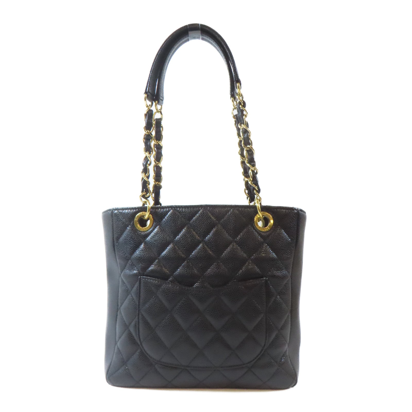 CHANEL 菱格Caviar皮革PST Petite Shopping Tote Bag金扣鏈帶肩背袋黑色