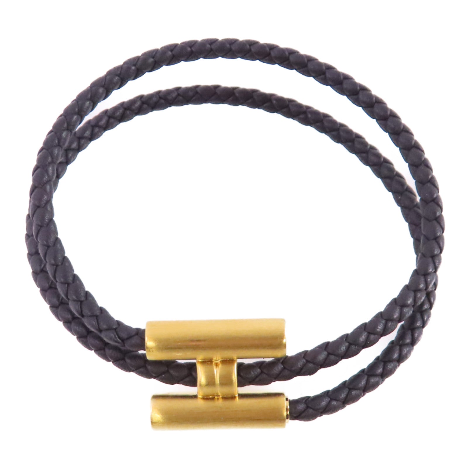 HERMES Swift皮革Tournis Tresse Bracelet金扣手鏈Noir黑色/金色