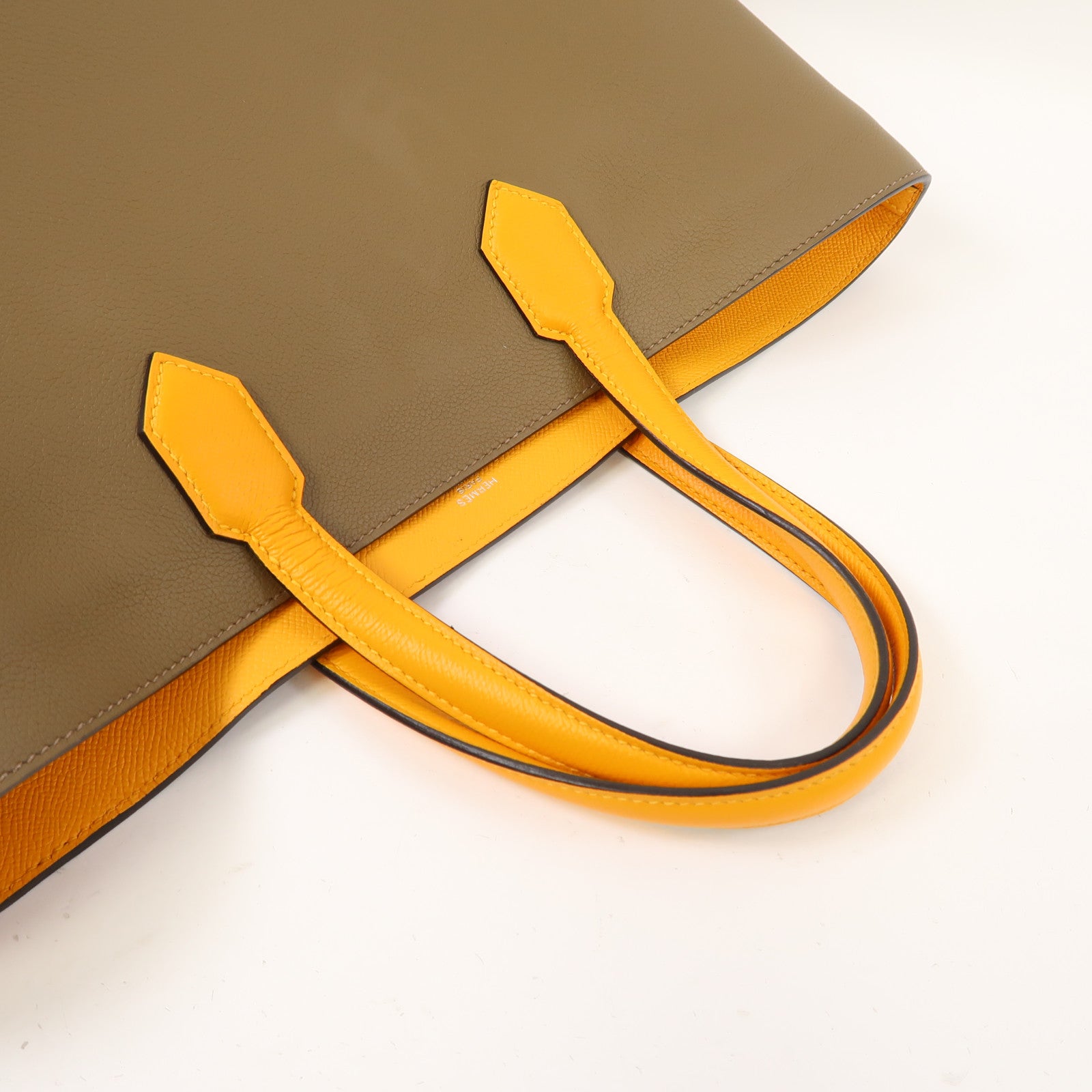 HERMES Evercolor皮革Maxibox Cabas銀扣手挽袋黃色/綠色