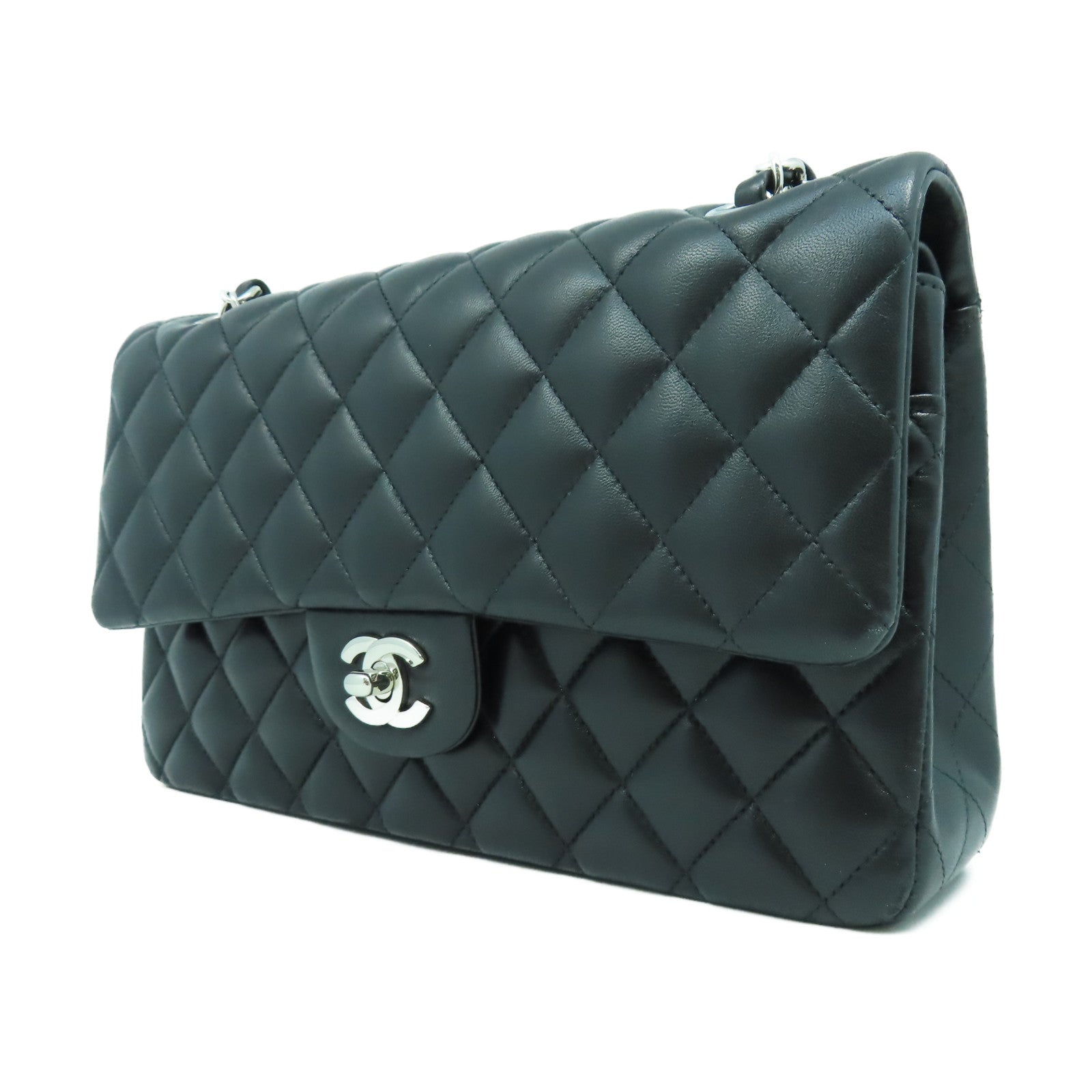 CHANEL 【清倉大減價】菱格羊皮皮革Classic 25銀扣鏈帶肩背袋黑色