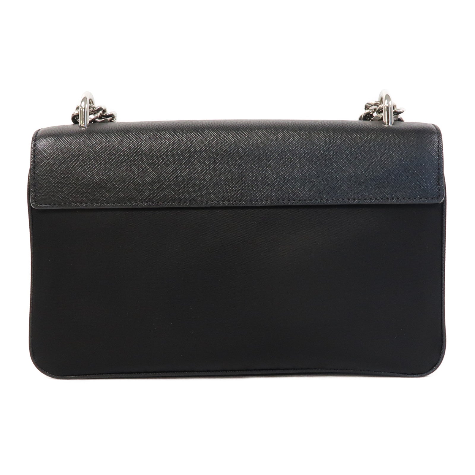 PRADA Saffiano皮革/尼龍Chain Shoulder銀扣鏈帶肩背袋黑色