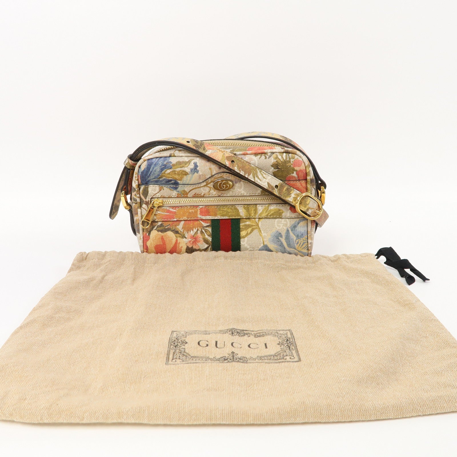 GUCCI 塗層帆布Ophidia金扣肩背袋卡其色