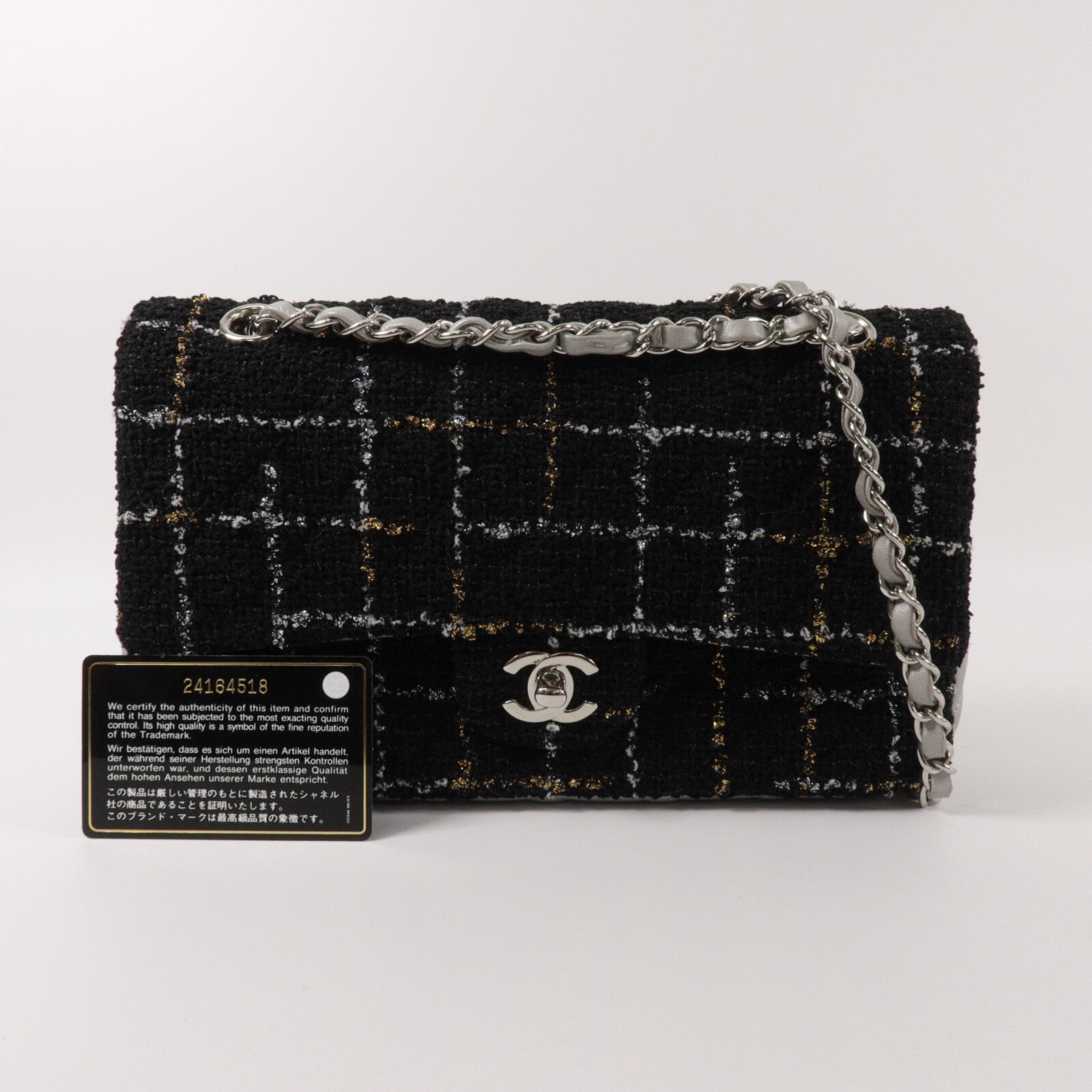 CHANEL Tweed/牛皮皮革Classic Flap Tweed鏈帶肩背袋