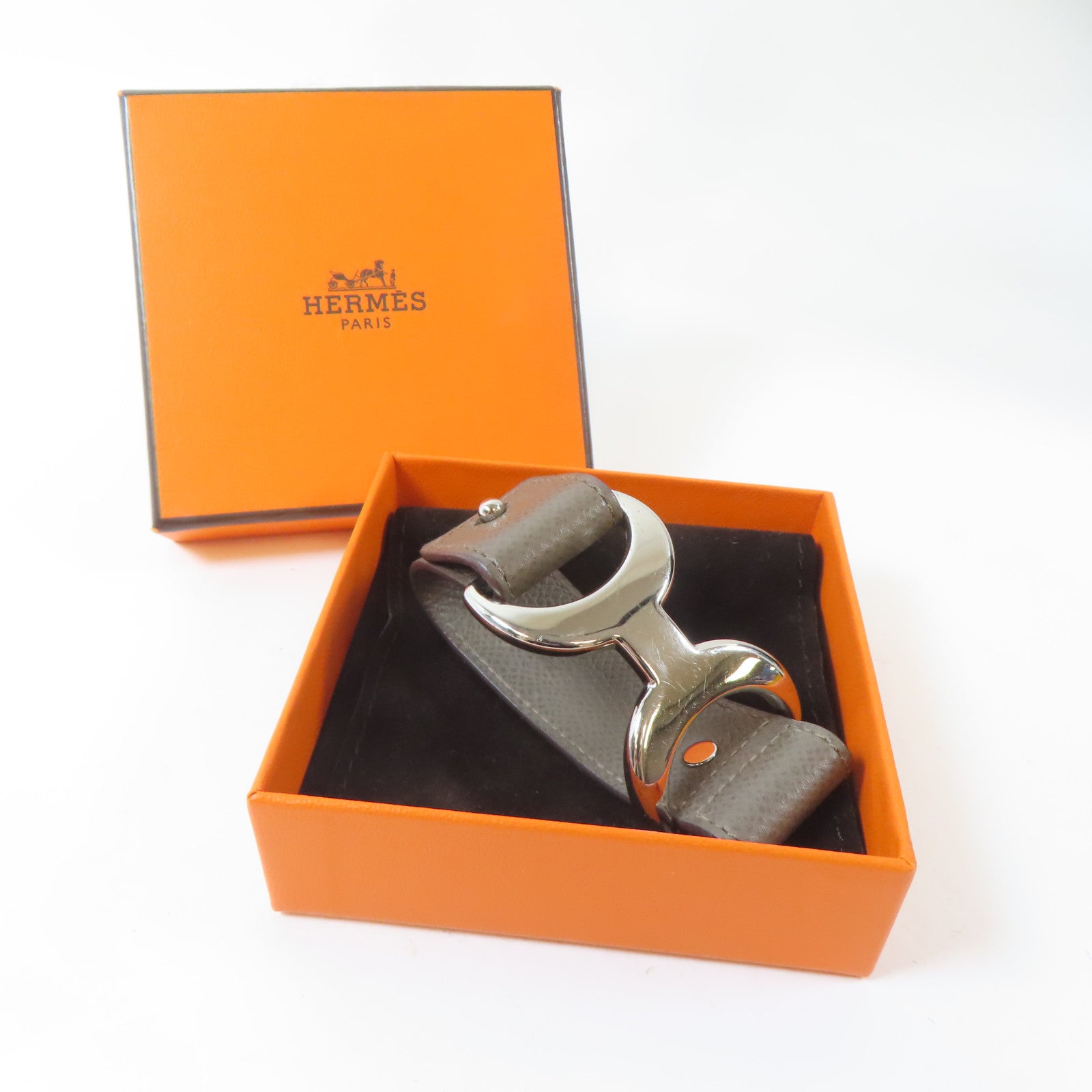 HERMES 【激減優惠】Epsom皮革/金屬Pavane Bracelet銀扣手鐲Etain/錫灰色Hermes#XS/#15cm