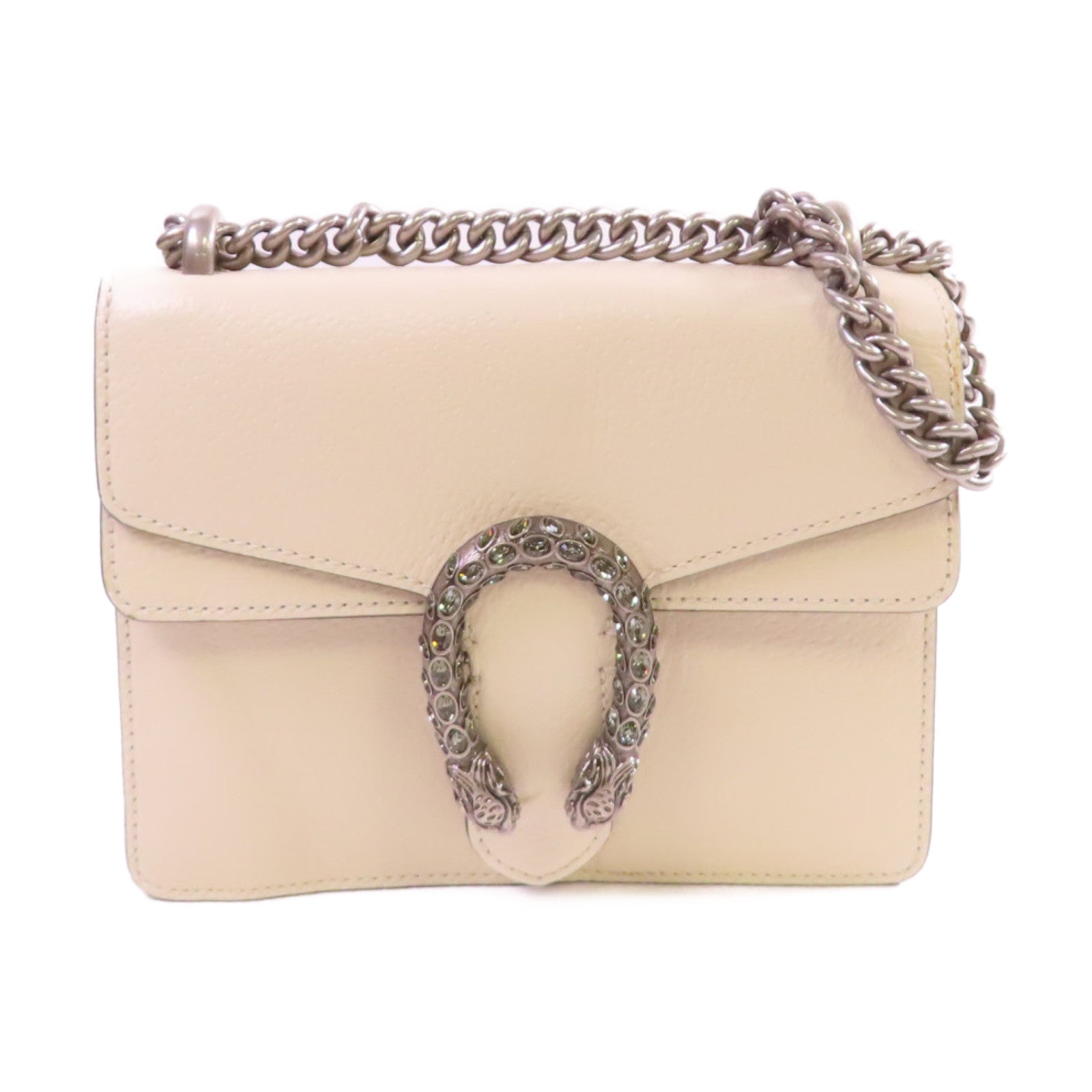 GUCCI 【激減優惠】牛皮皮革Dionysus Mini Shoulder Bag銀扣鏈帶肩背袋米白色