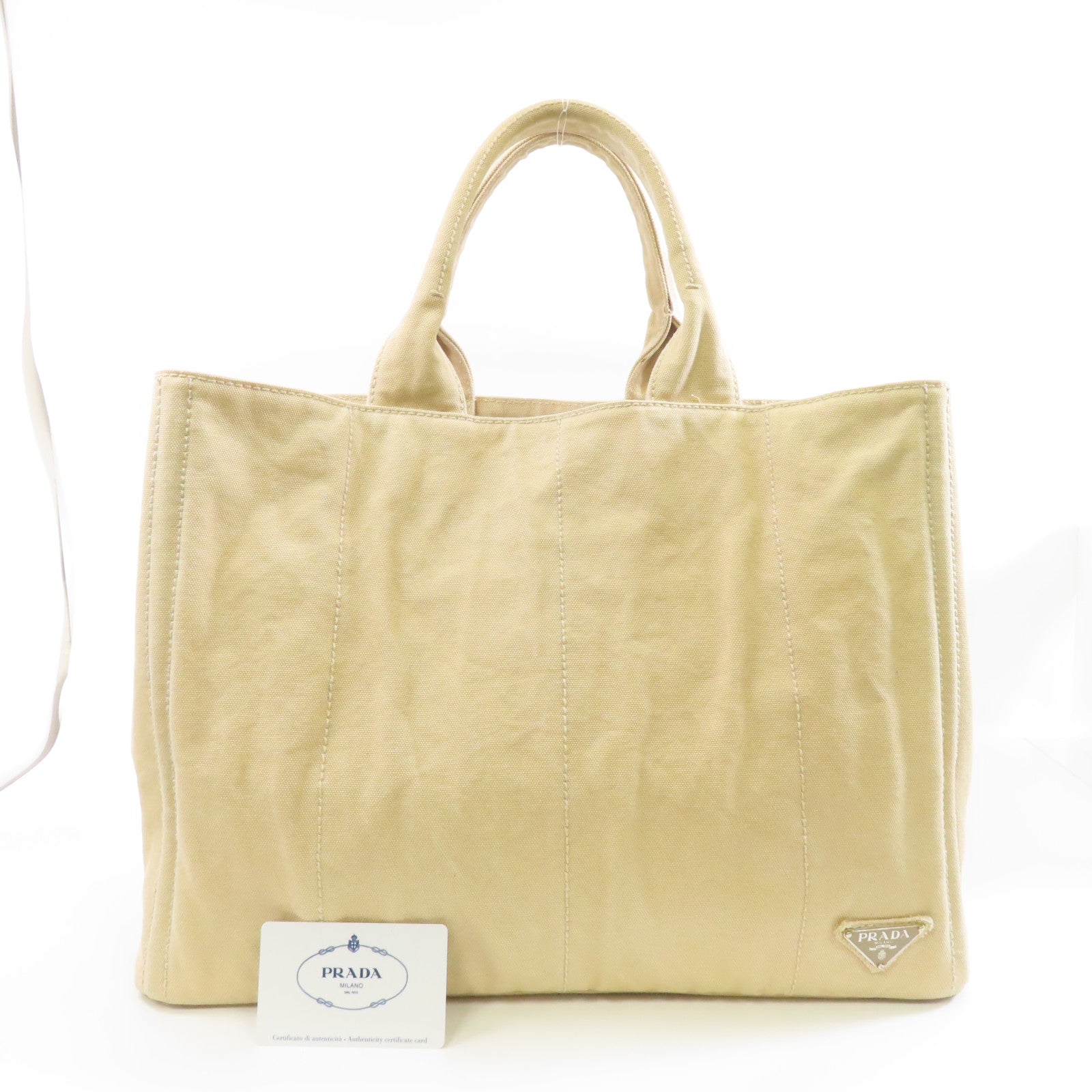 PRADA 帆布Tote Bag銀扣手挽袋米色