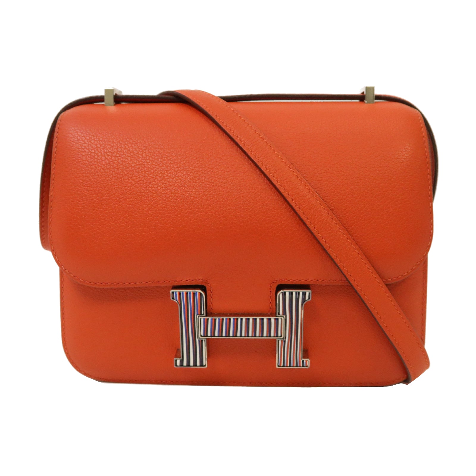 HERMES Evercolor皮革Constance Mini銀扣肩背袋Capucine橙色