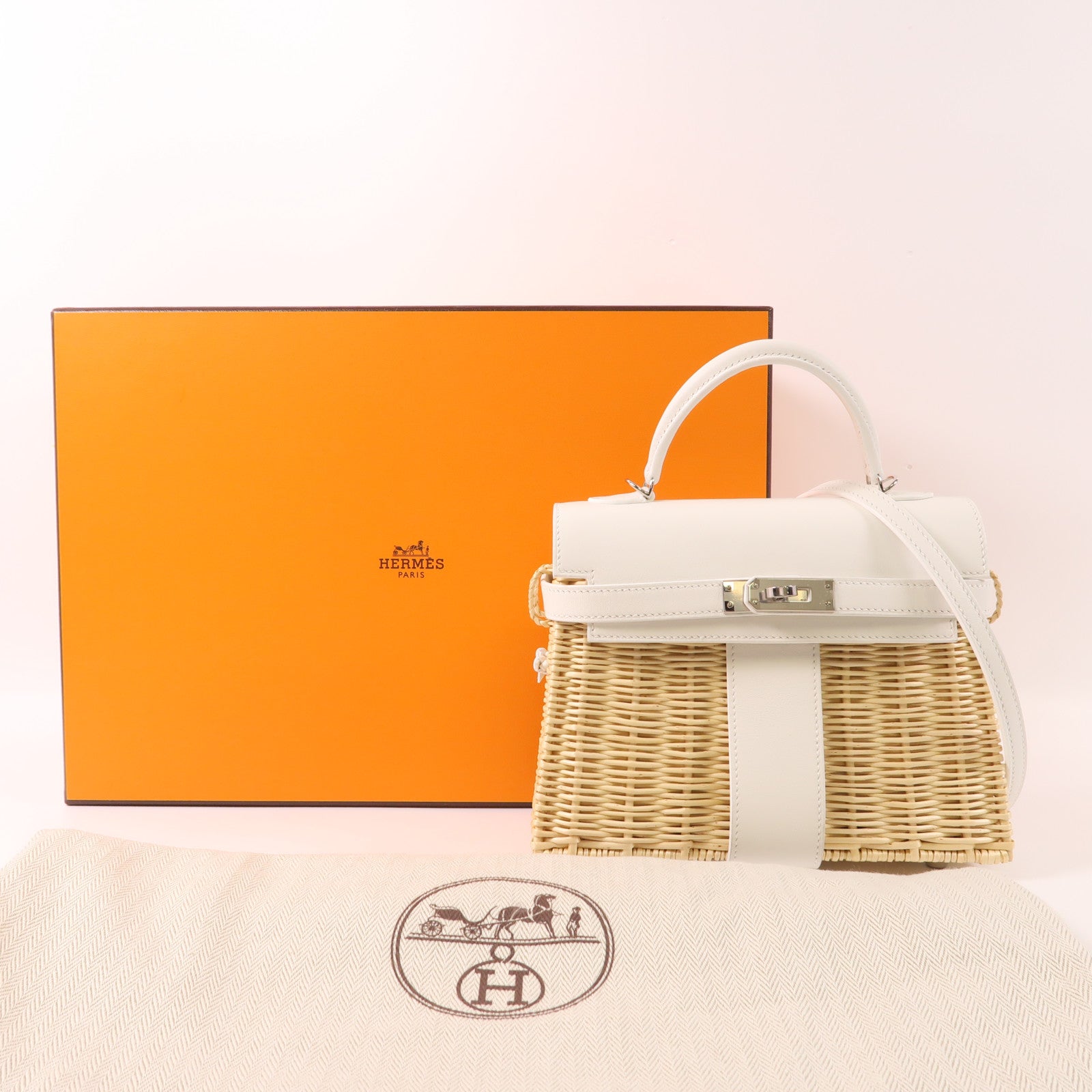 HERMES Wicker/Swift皮革Kelly Picnic Mini銀扣手挽肩背兩用袋White/Beige