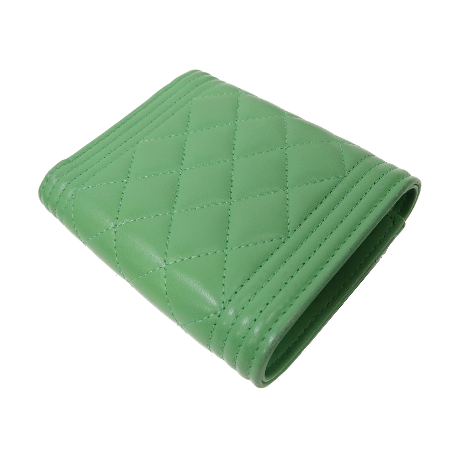 CHANEL 菱格羊皮皮革Boy Chanel Tri-Fold Wallet金扣折疊錢包綠色