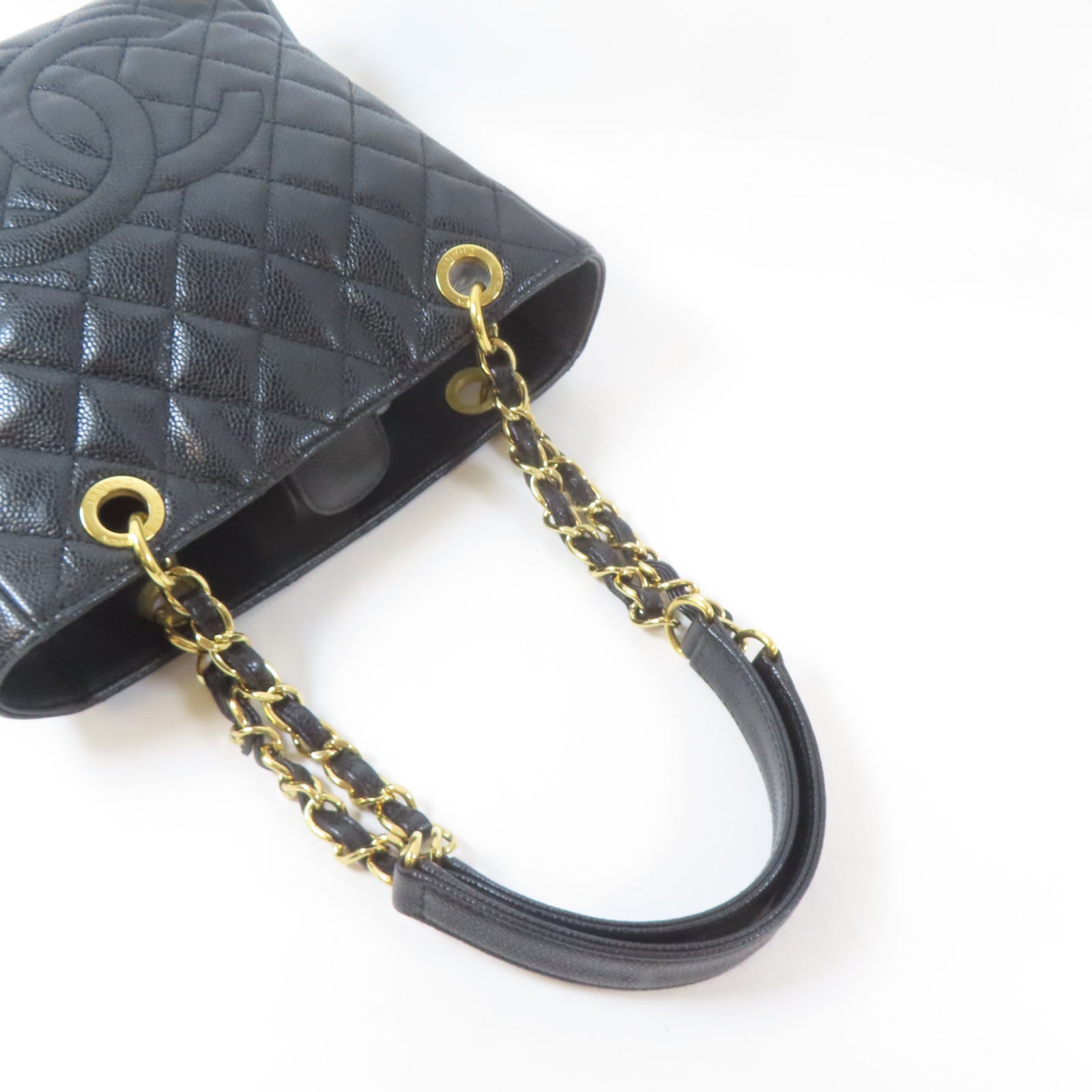 CHANEL 菱格Caviar皮革PST Petite Shopping Tote Bag金扣鏈帶肩背袋黑色