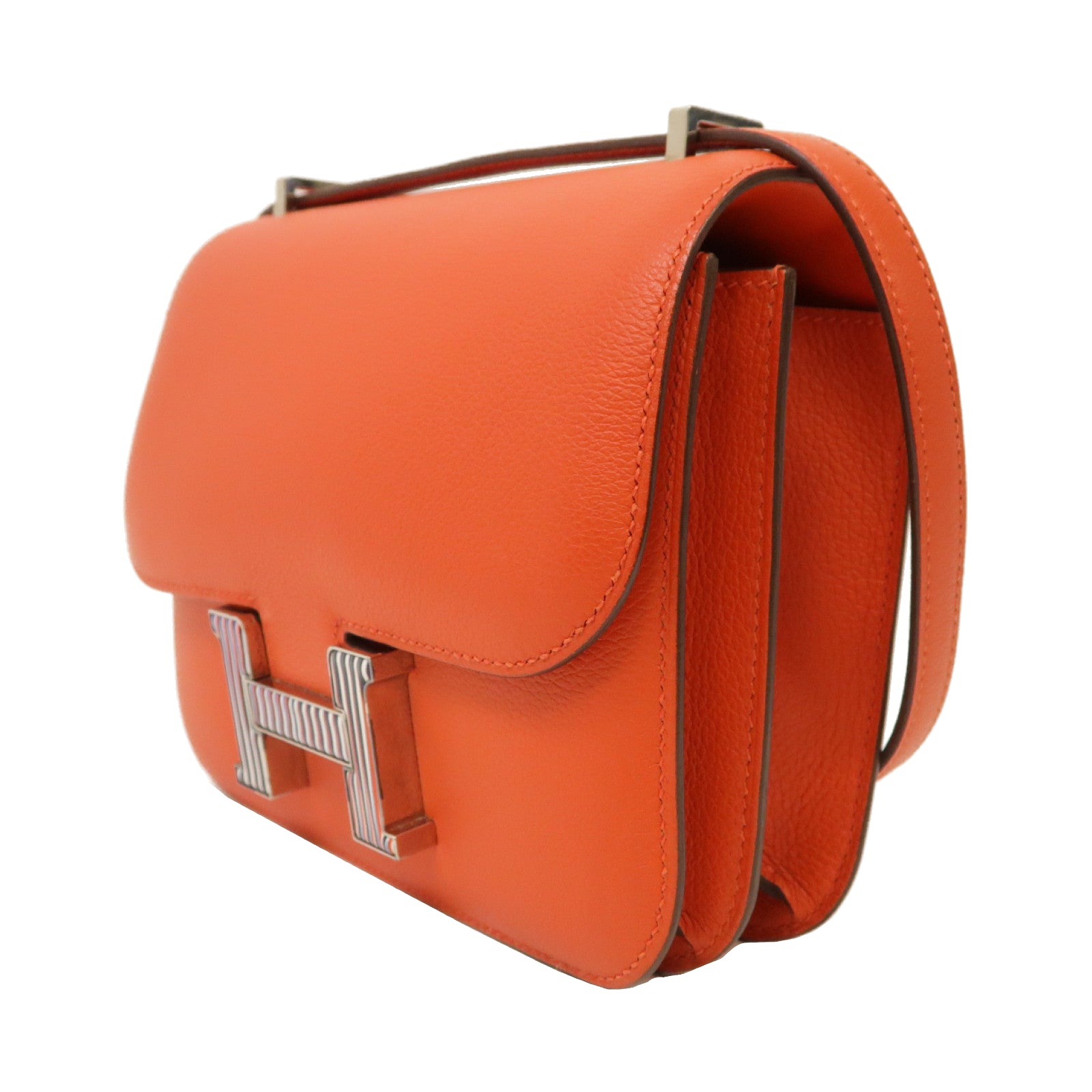 HERMES Evercolor皮革Constance Mini銀扣肩背袋Capucine橙色