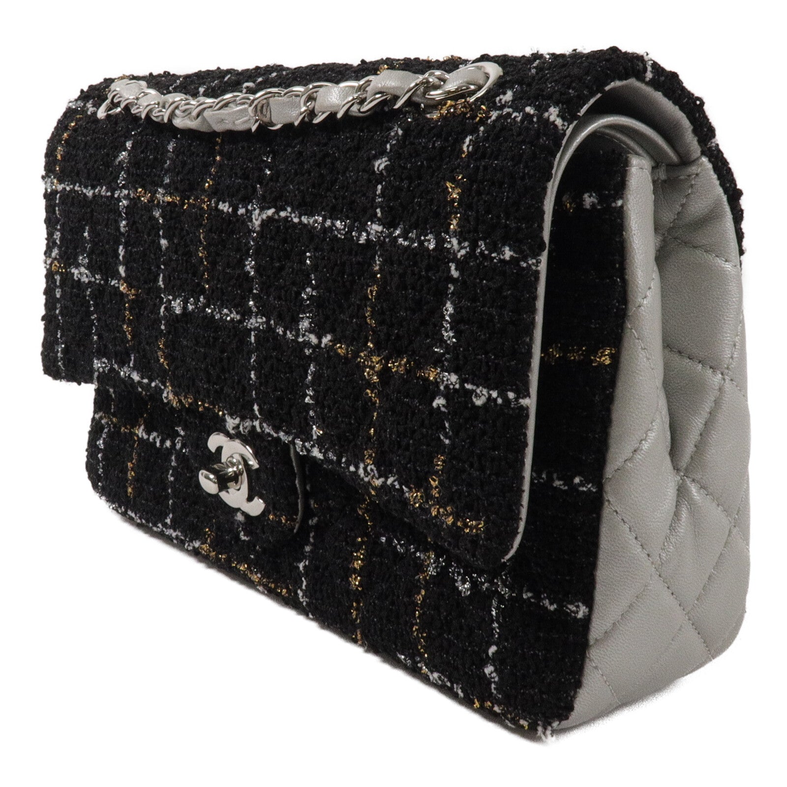 CHANEL Tweed/牛皮皮革Classic Flap Tweed鏈帶肩背袋