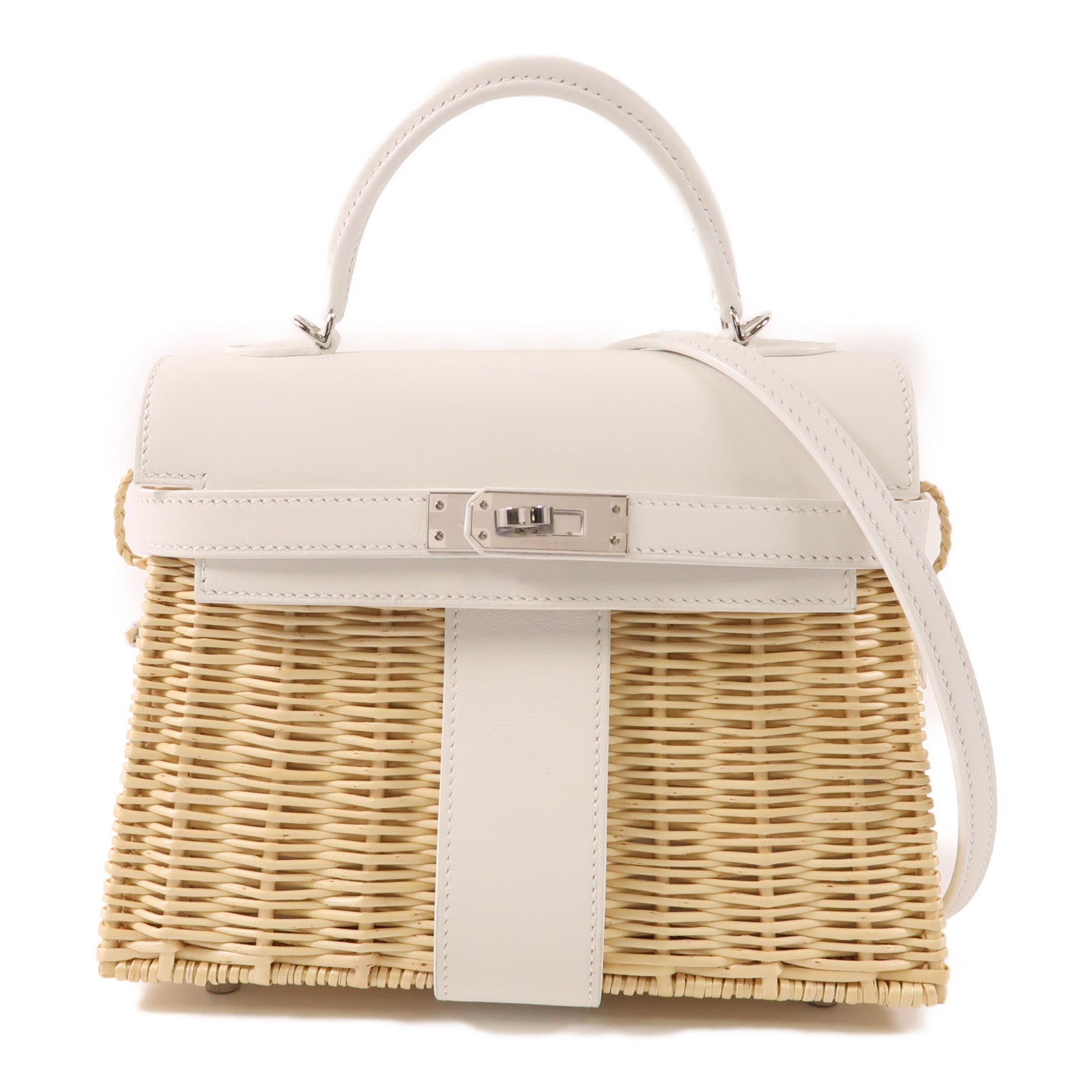 HERMES Wicker/Swift皮革Kelly Picnic Mini銀扣手挽肩背兩用袋White/Beige