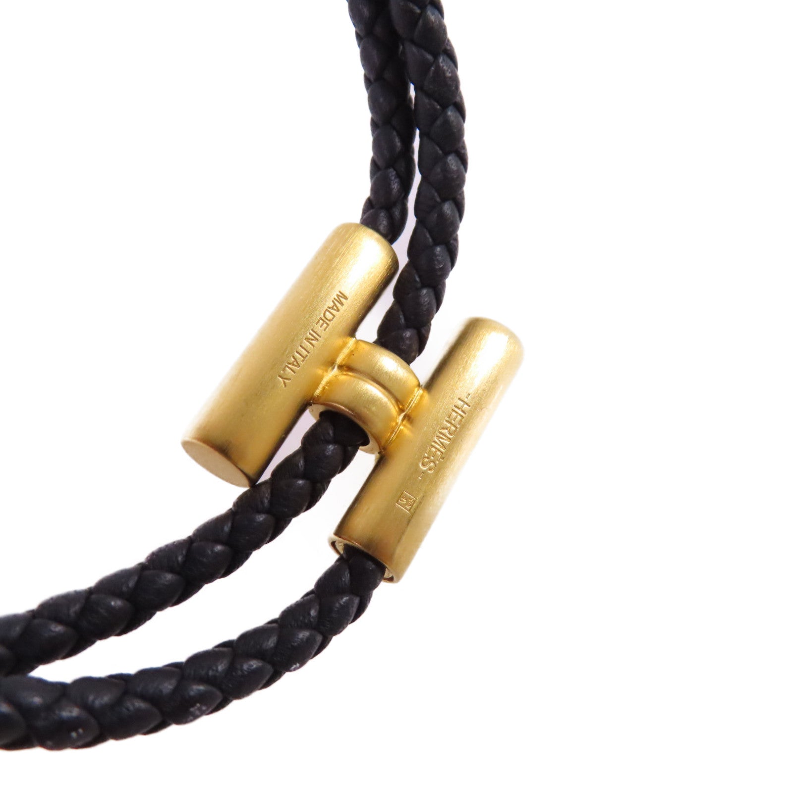 HERMES Swift皮革Tournis Tresse Bracelet金扣手鏈Noir黑色/金色