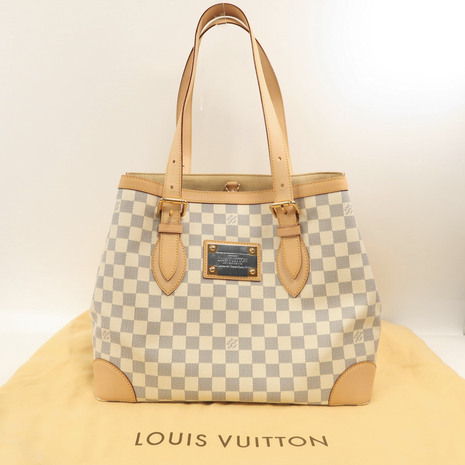 LOUIS VUITTON Damier Azur Hampstead MM金扣手挽袋白色